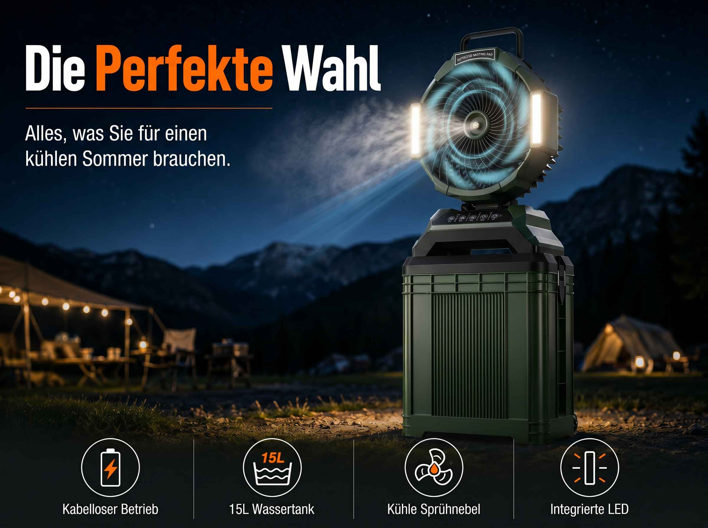 Ein tragbarer Lüfter mit LED-Lichtern und Sprühfunktion im Freien bei Nacht.