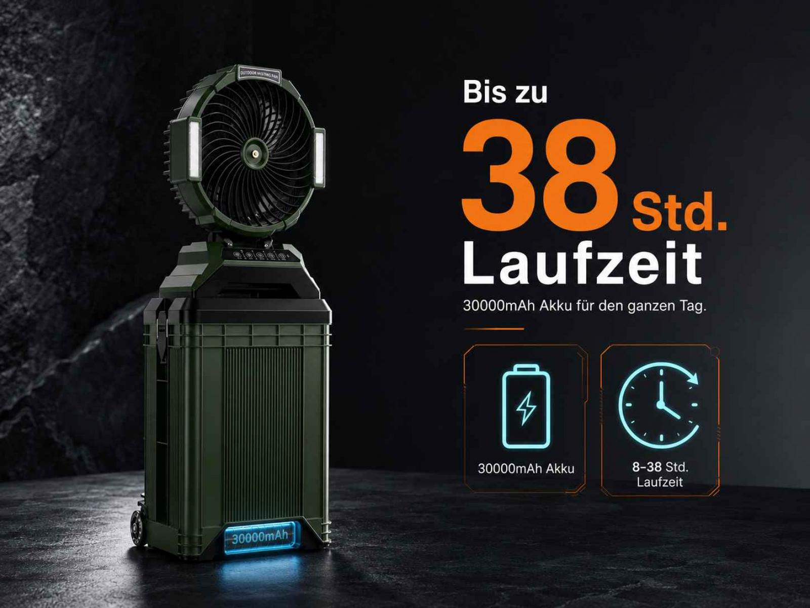 Ein grüner Outdoor-Ventilator mit 30000mAh Akku und LED-Leuchten.
