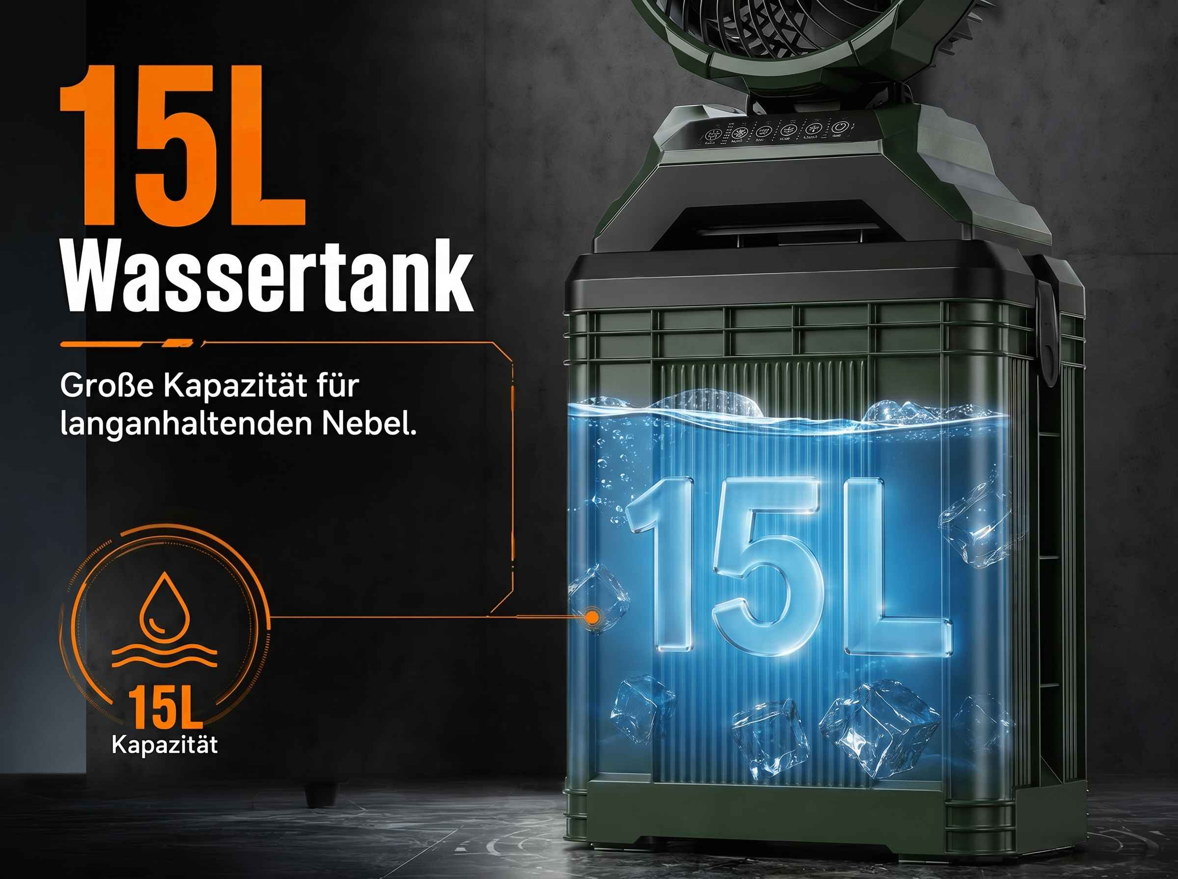 Ein grüner Kühler mit 15L Wassertank und Eiswürfeln.