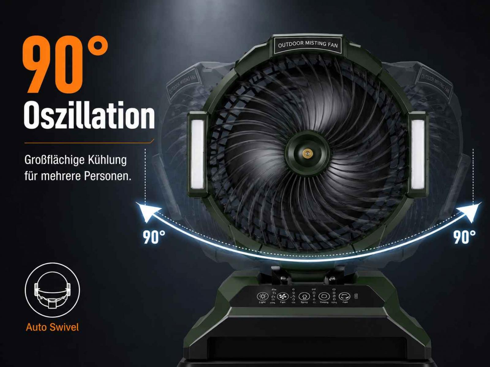 Ein grüner Outdoor-Misting-Fan mit 90° Oszillation und LED-Leuchten.