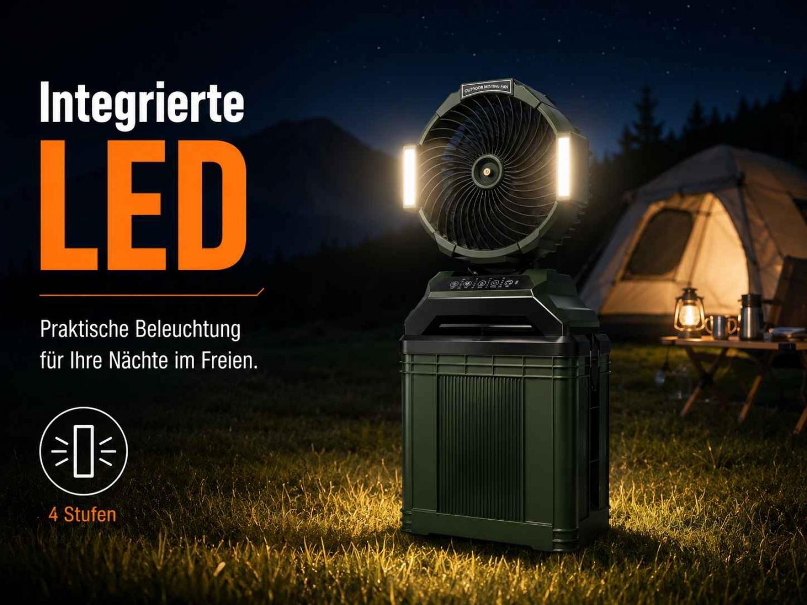 Ein Outdoor-Ventilator mit LED-Licht und integrierter Kühlung steht im Gras.