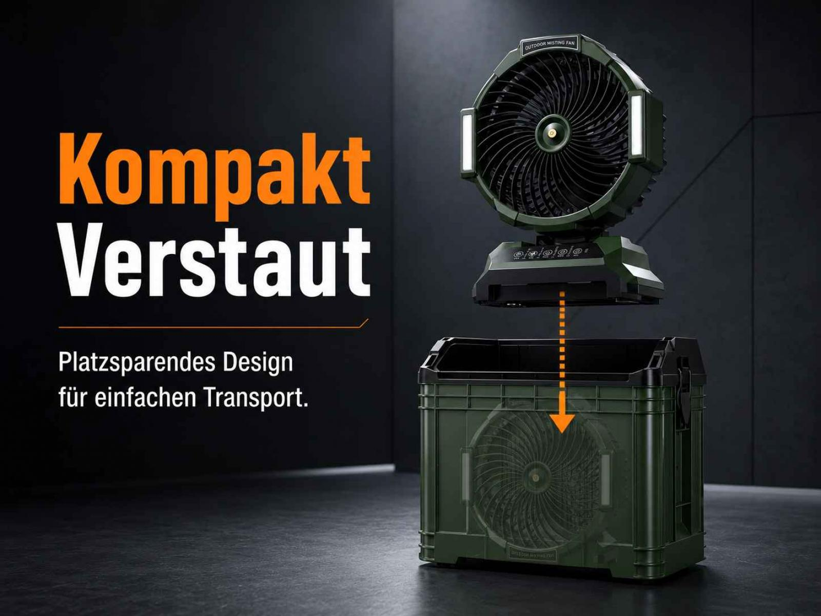 Ein grüner Outdoor-Misting-Ventilator wird in eine aufklappbare grüne Kiste verstaut.