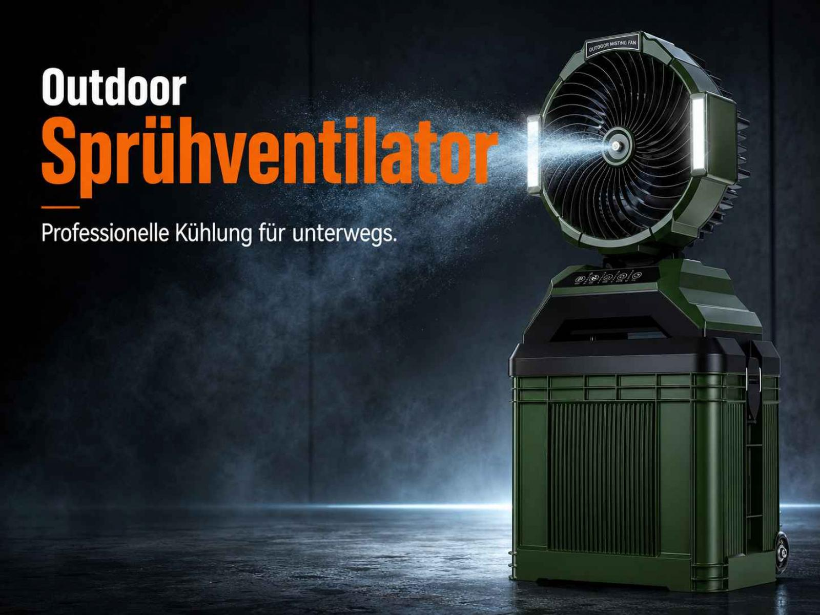 Grüner Outdoor-Sprühventilator mit Lichtern sprüht Wasser. Professionelle Kühlung.