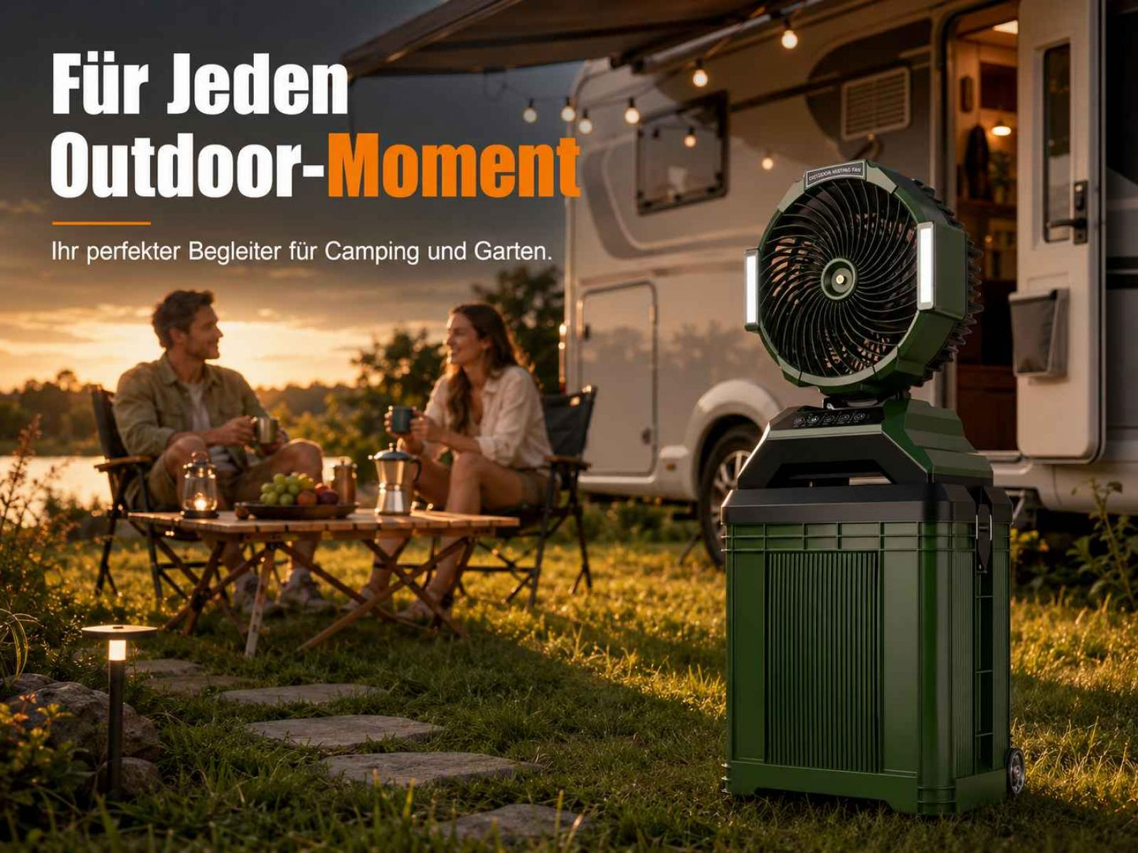 Ein Paar sitzt draußen am Wohnmobil. Ein Ventilator steht im Vordergrund.