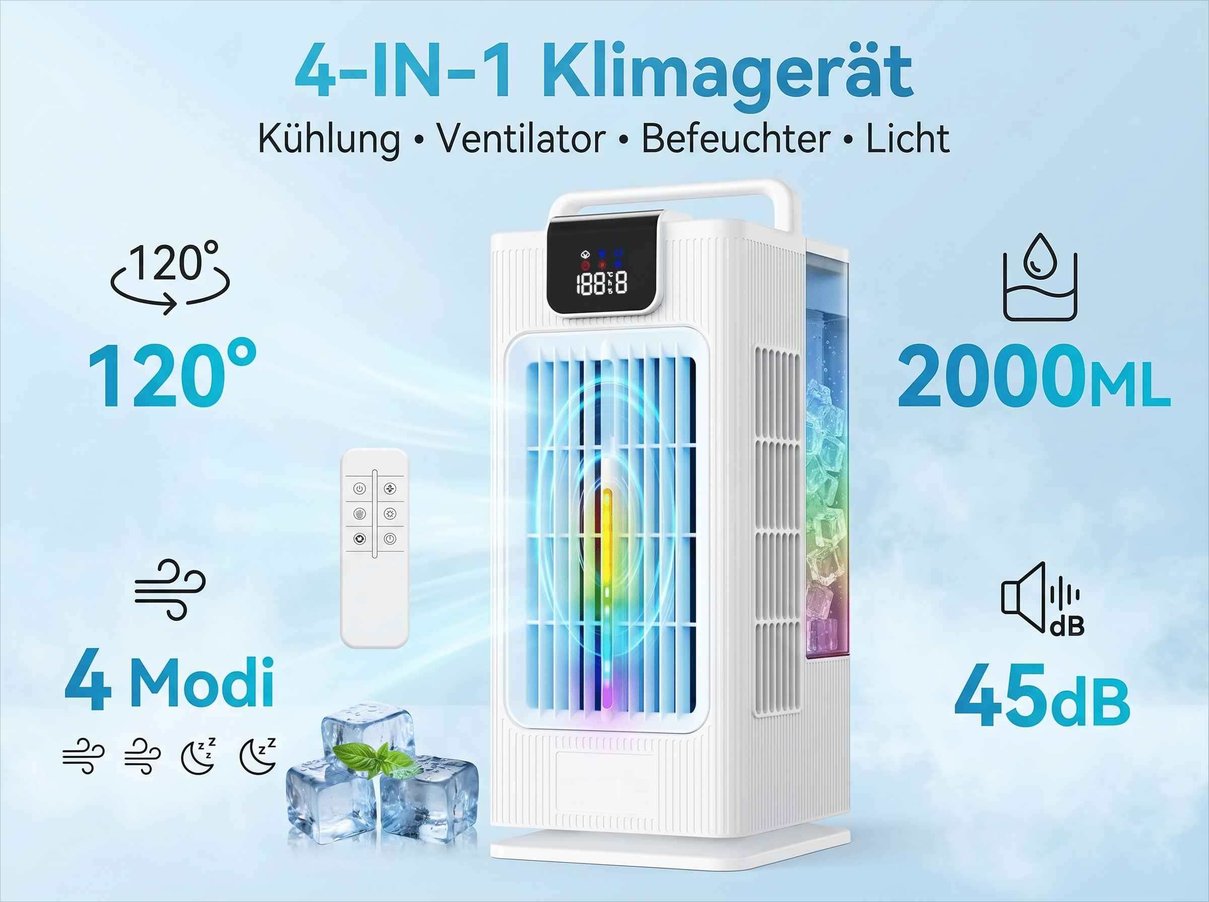 Ein weißer 4-in-1 Luftkühler mit Fernbedienung, Eiswürfeln und blauer LED-Beleuchtung.