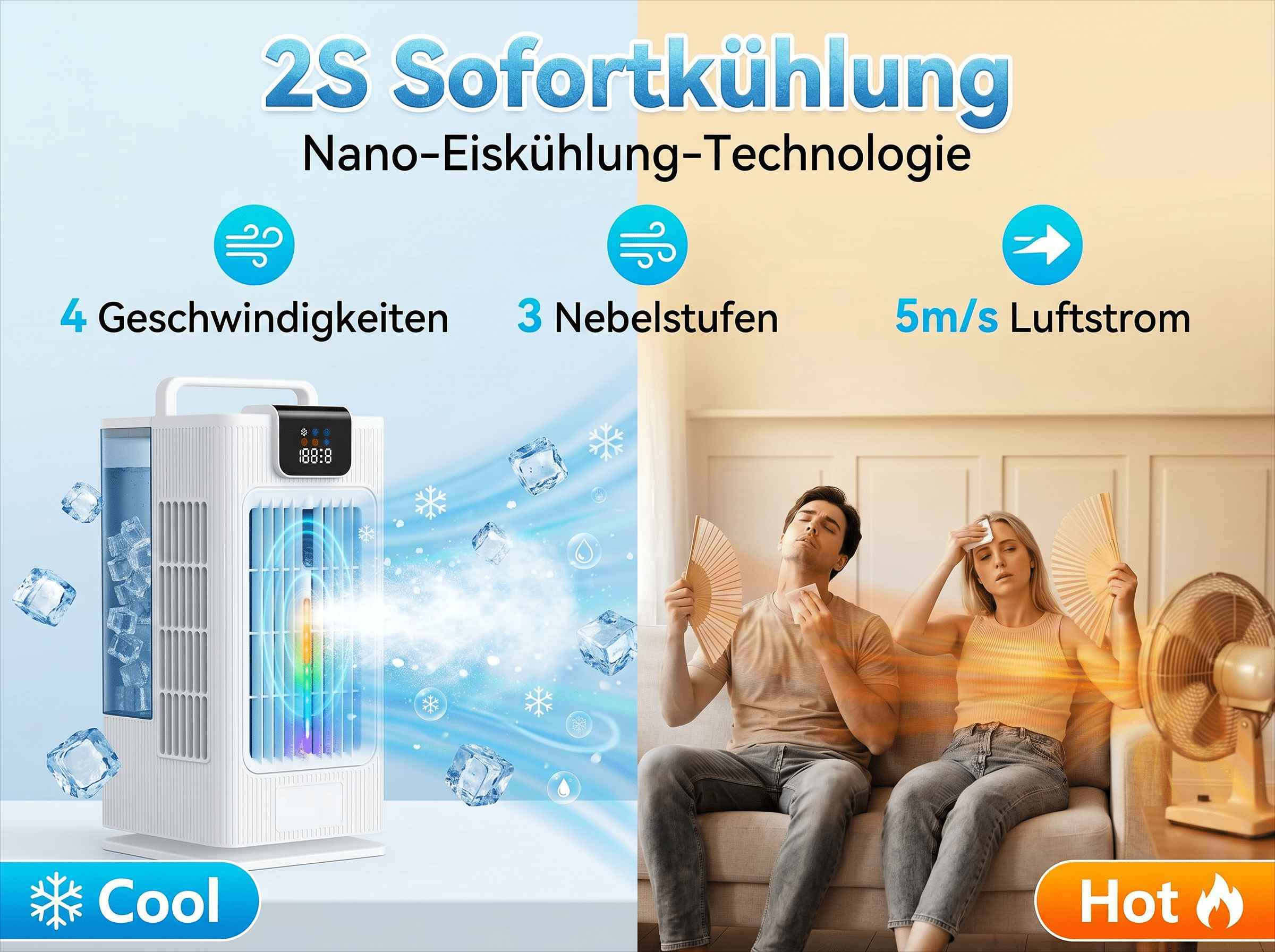 Ein weißer Kühler mit Eis und Nebel. Daneben ein Paar, das sich mit Fächern abkühlt.