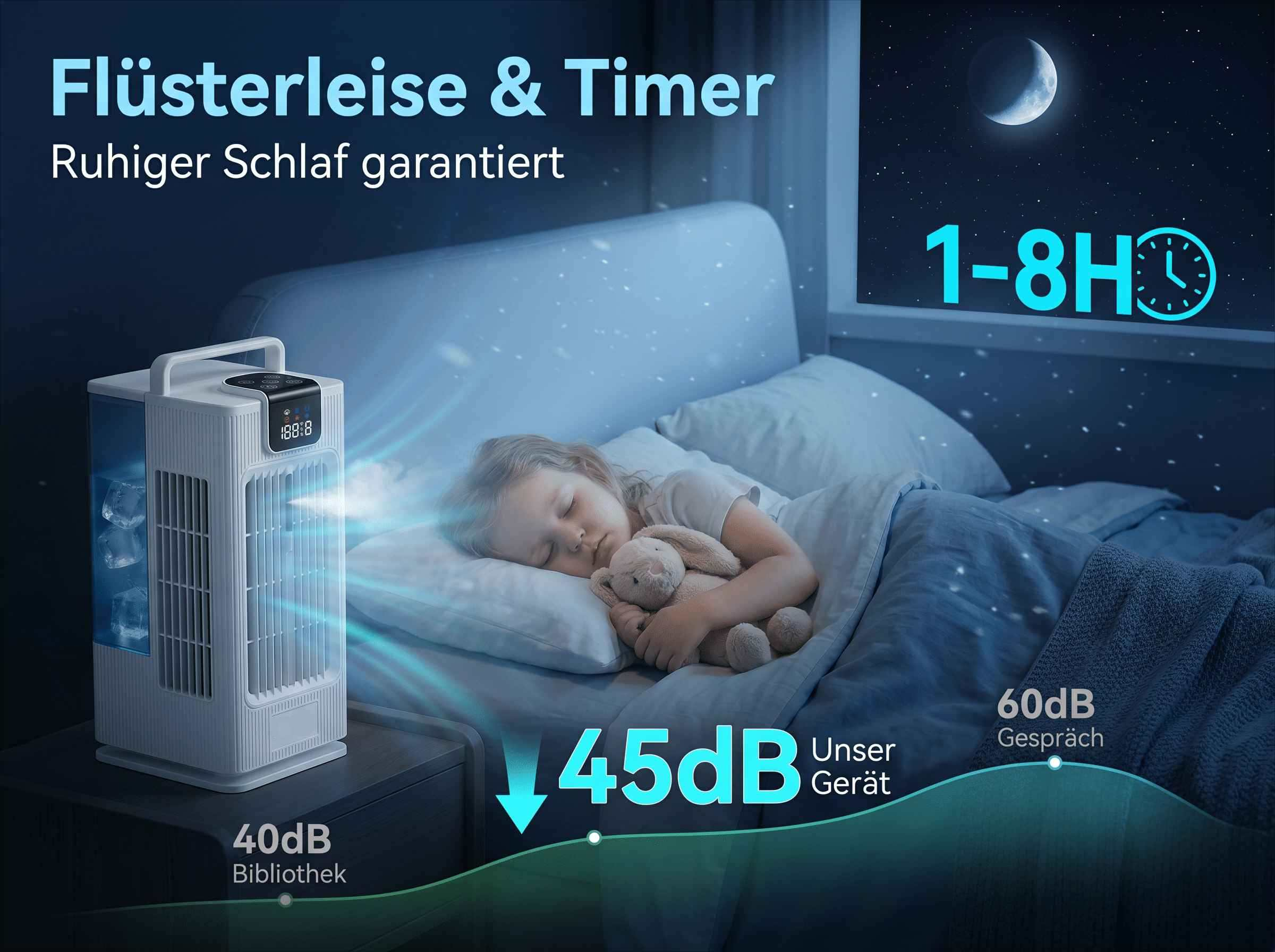 Ein Kind schläft im Bett, ein leiser Lüfter steht daneben.