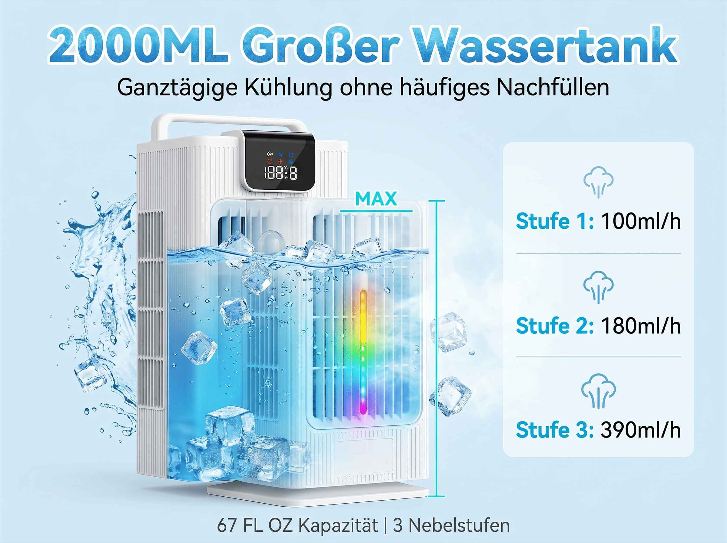 Ein weißer Luftkühler mit 2000ML Wassertank, Eiswürfeln und Wasserspritzern.