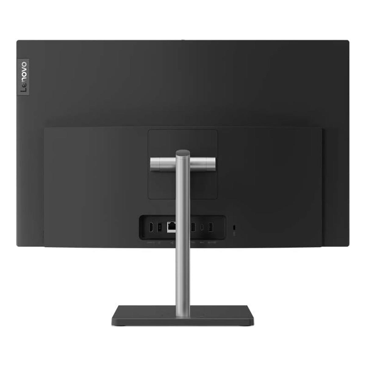 Tył czarnego komputera Lenovo typu All-in-One ze srebrną podstawą i portami.