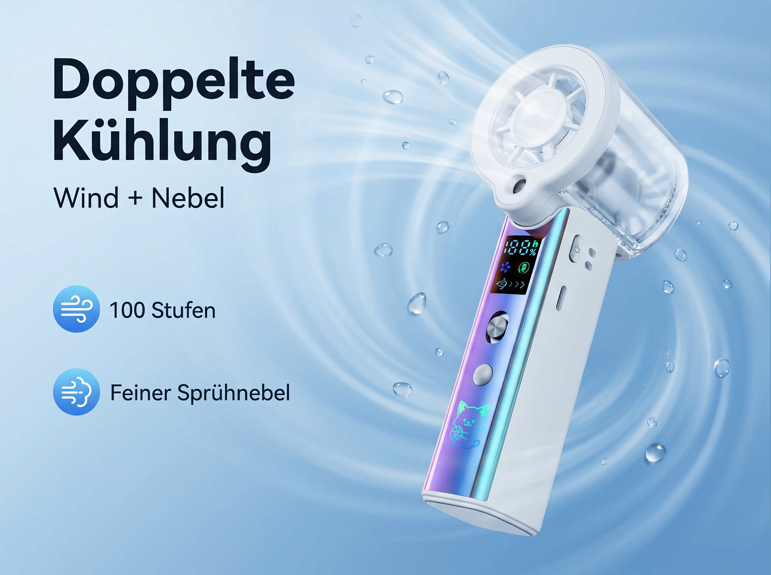 Ein weißer Handventilator mit transparentem Tank, der Wind und Nebel sprüht.