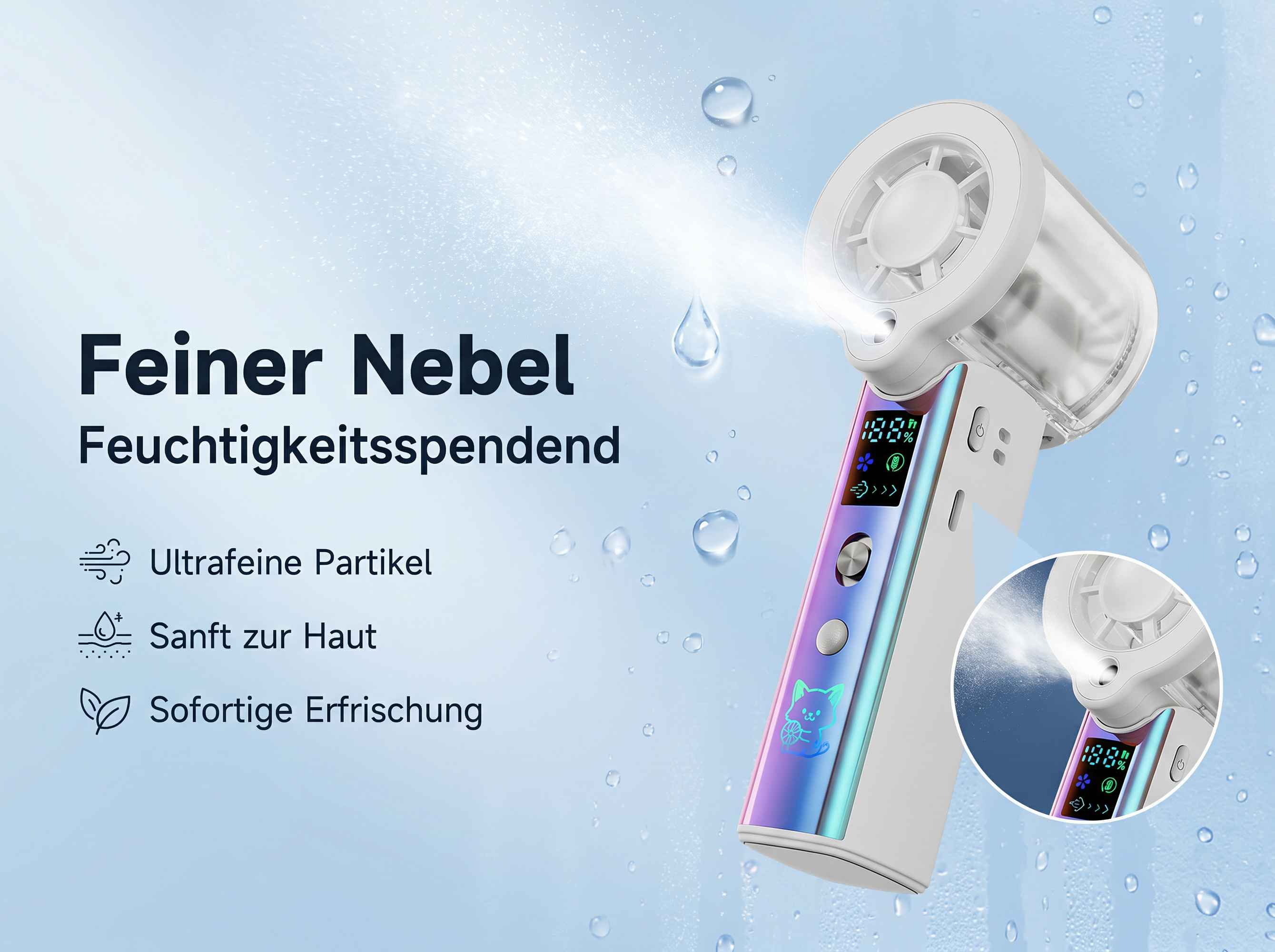 Ein weißer Nebelspender mit Bildschirm sprüht feinen Nebel. Text: Feiner Nebel.