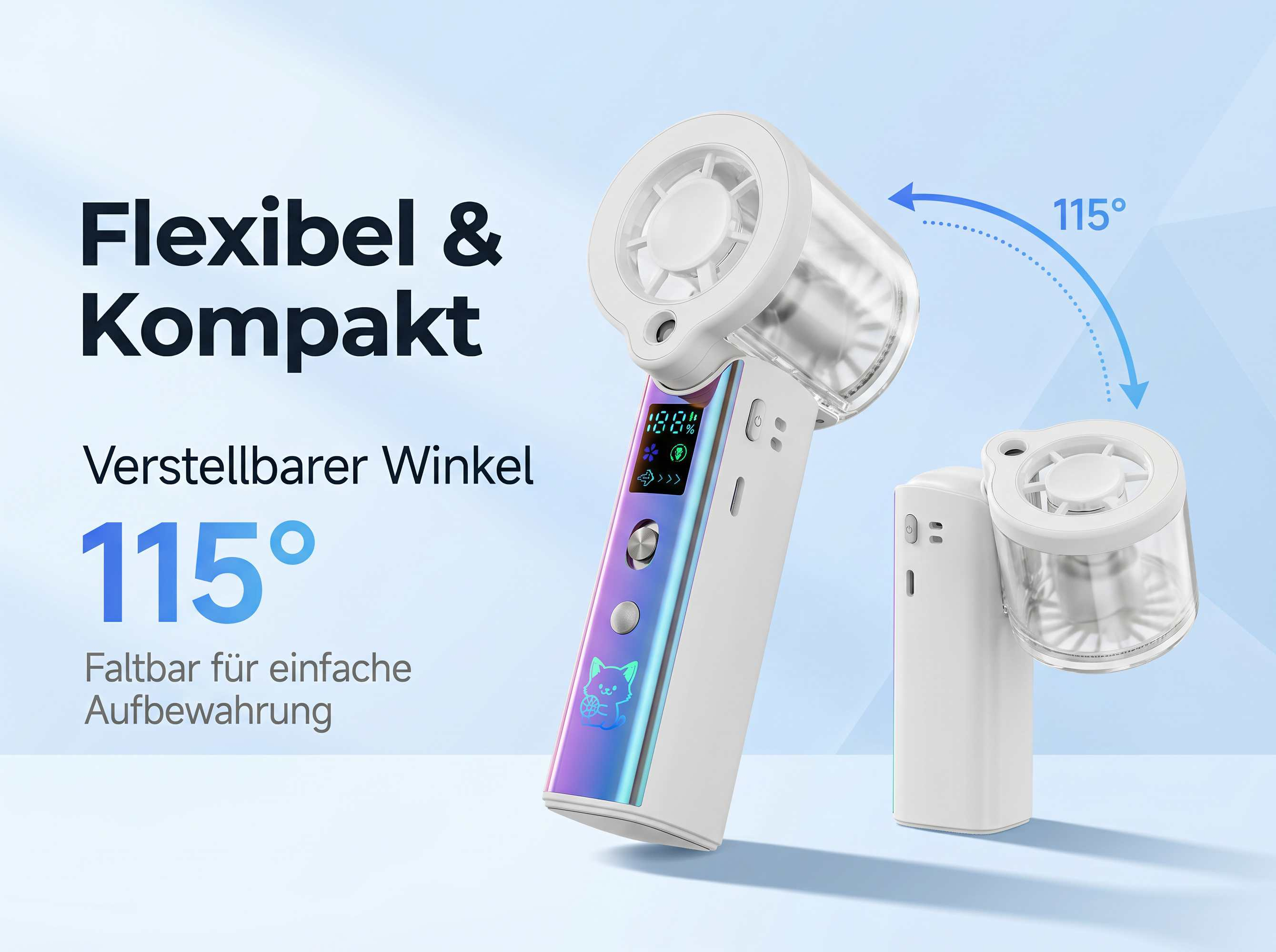Ein weißer Ventilator mit verstellbarem Winkel und digitaler Anzeige.
