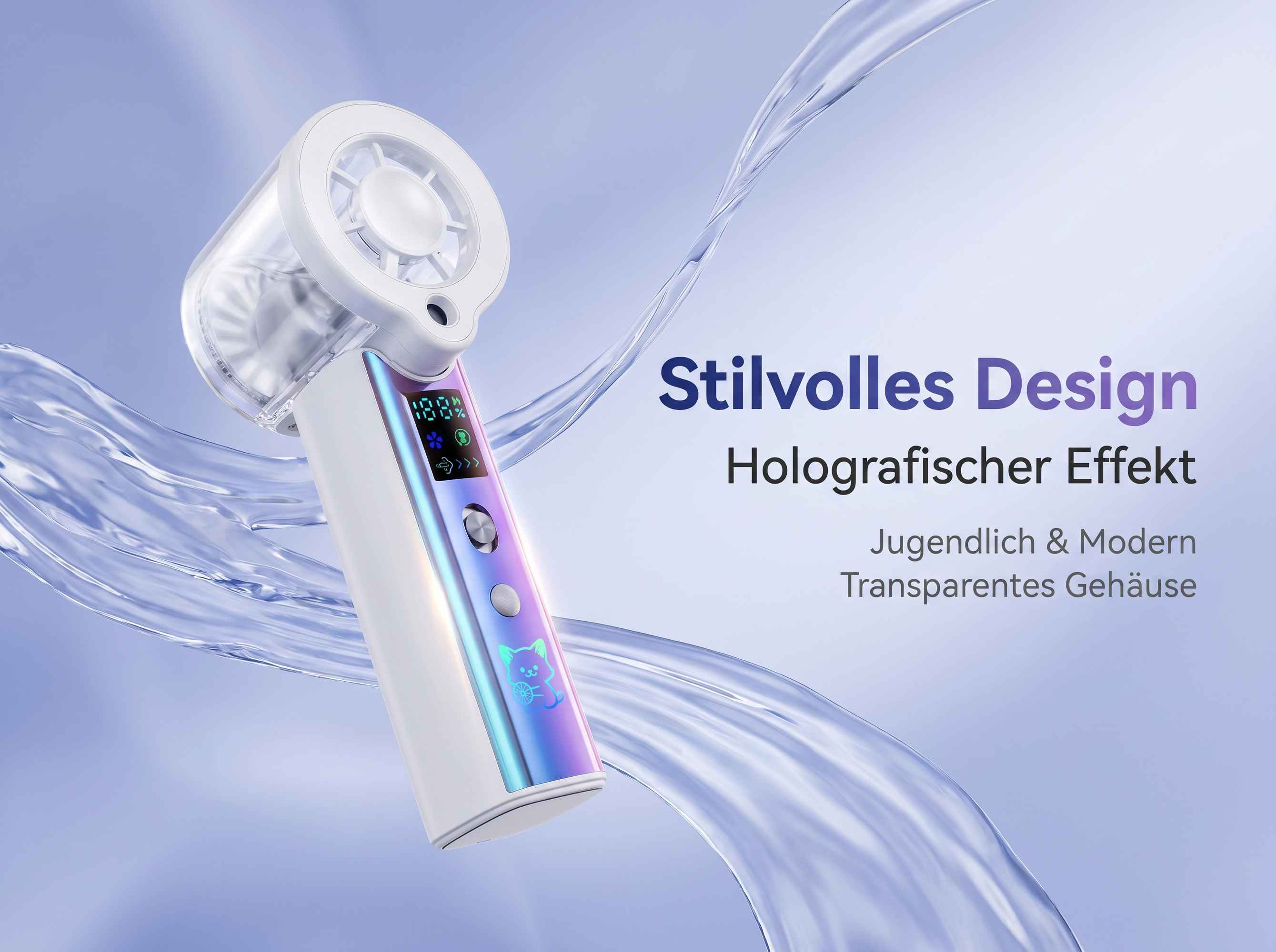 Ein weißer und transparenter Handventilator mit Digitalanzeige und Katzenikone.