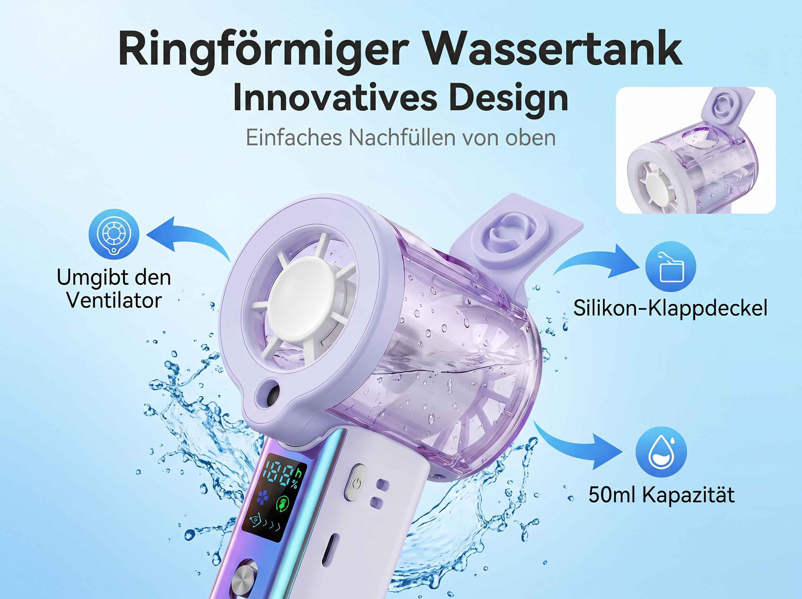Ein violetter Lüfter mit digitaler Anzeige, umgeben von Wasser.