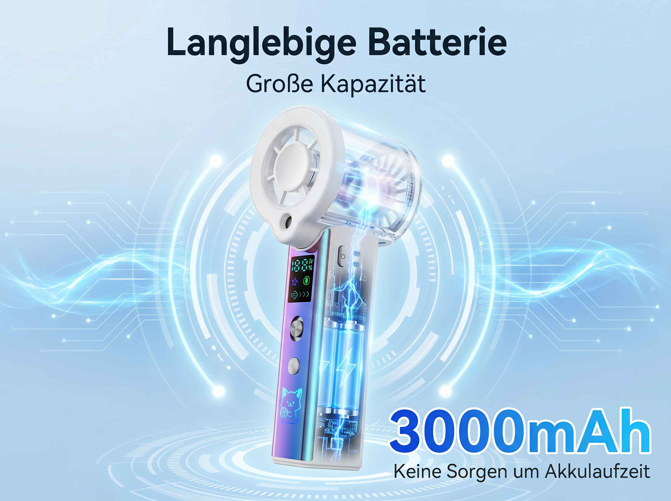 Ein tragbares Gerät mit einem Bildschirm zeigt 100% Akku. Blaue Blitze gehen von Batterien aus.