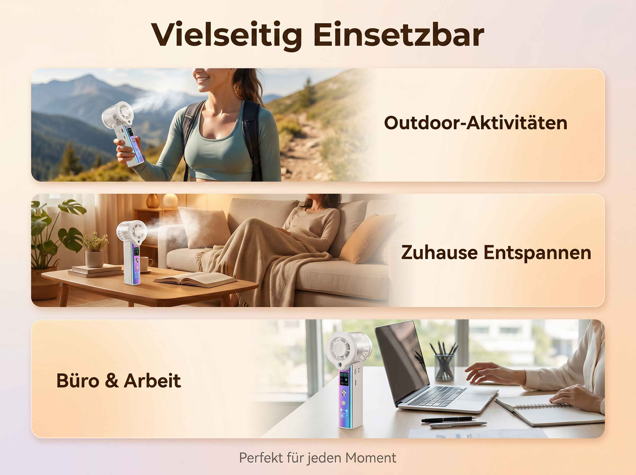 Vielseitiger Ventilator im Freien, zu Hause und im Büro gezeigt.