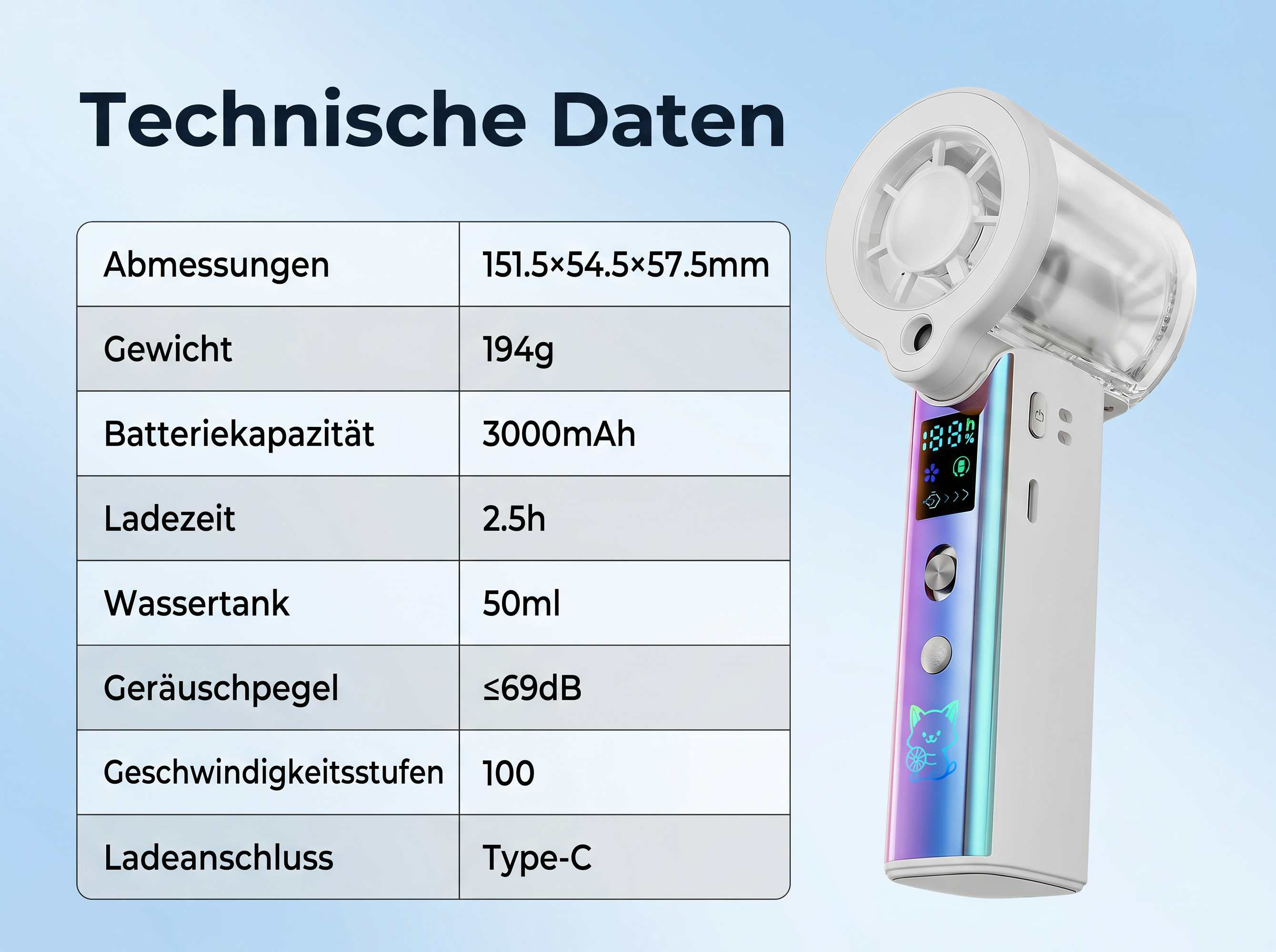 Technische Daten: Lüfter, Akku 3000mAh, 100 Geschwindigkeitsstufen.