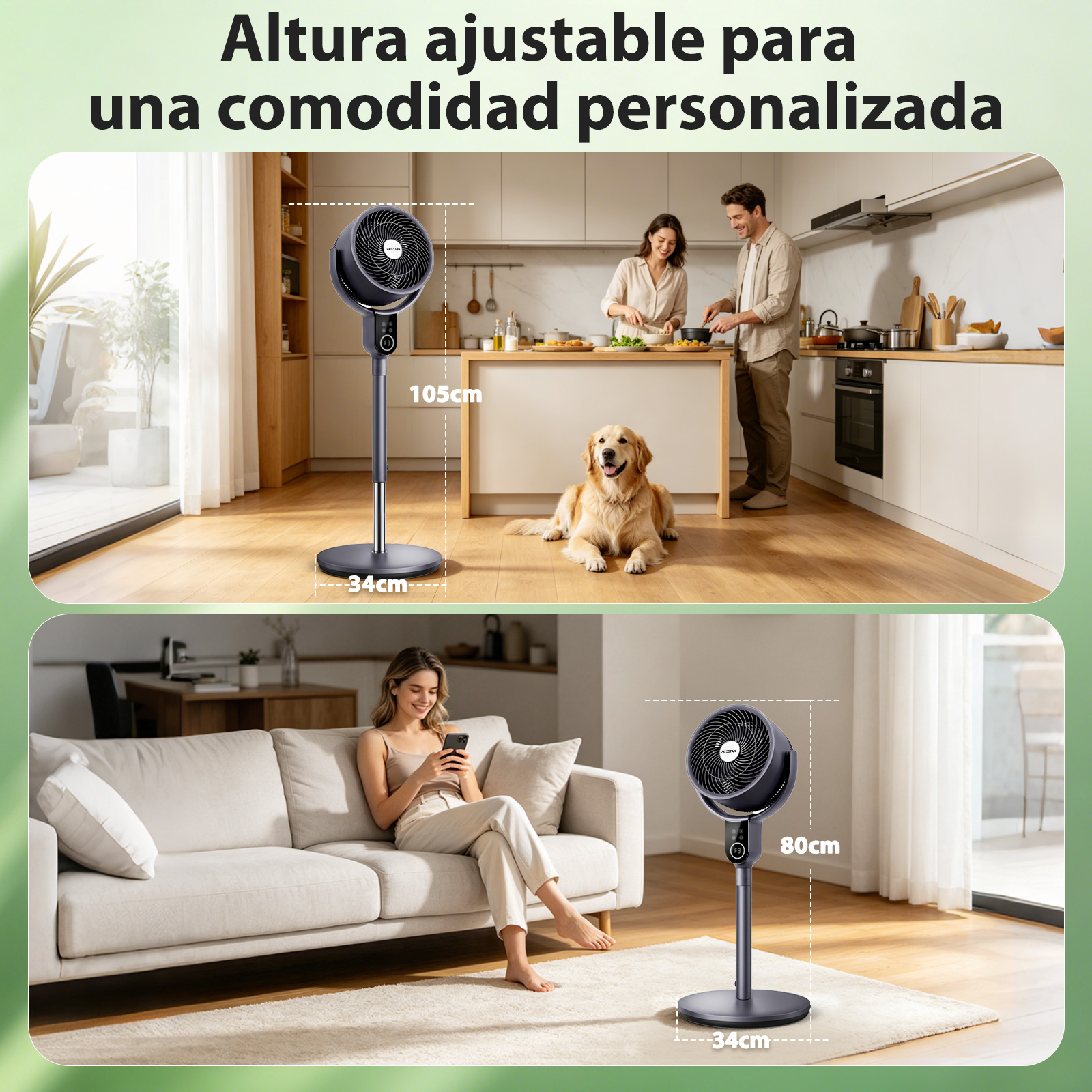 Ein Stehventilator in zwei Höhen, 105cm und 80cm, in einem modernen Zuhause.