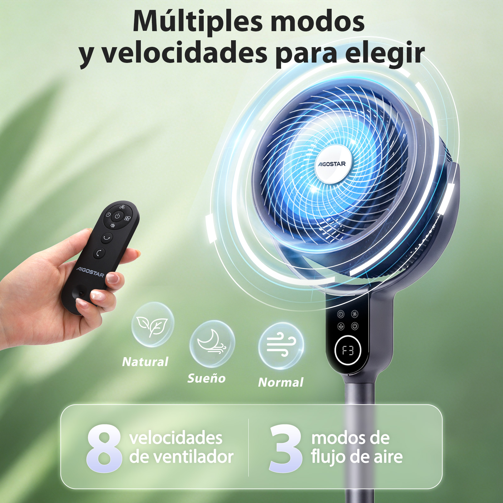Ein Standventilator mit Fernbedienung, 8 Geschwindigkeiten und 3 Modi.