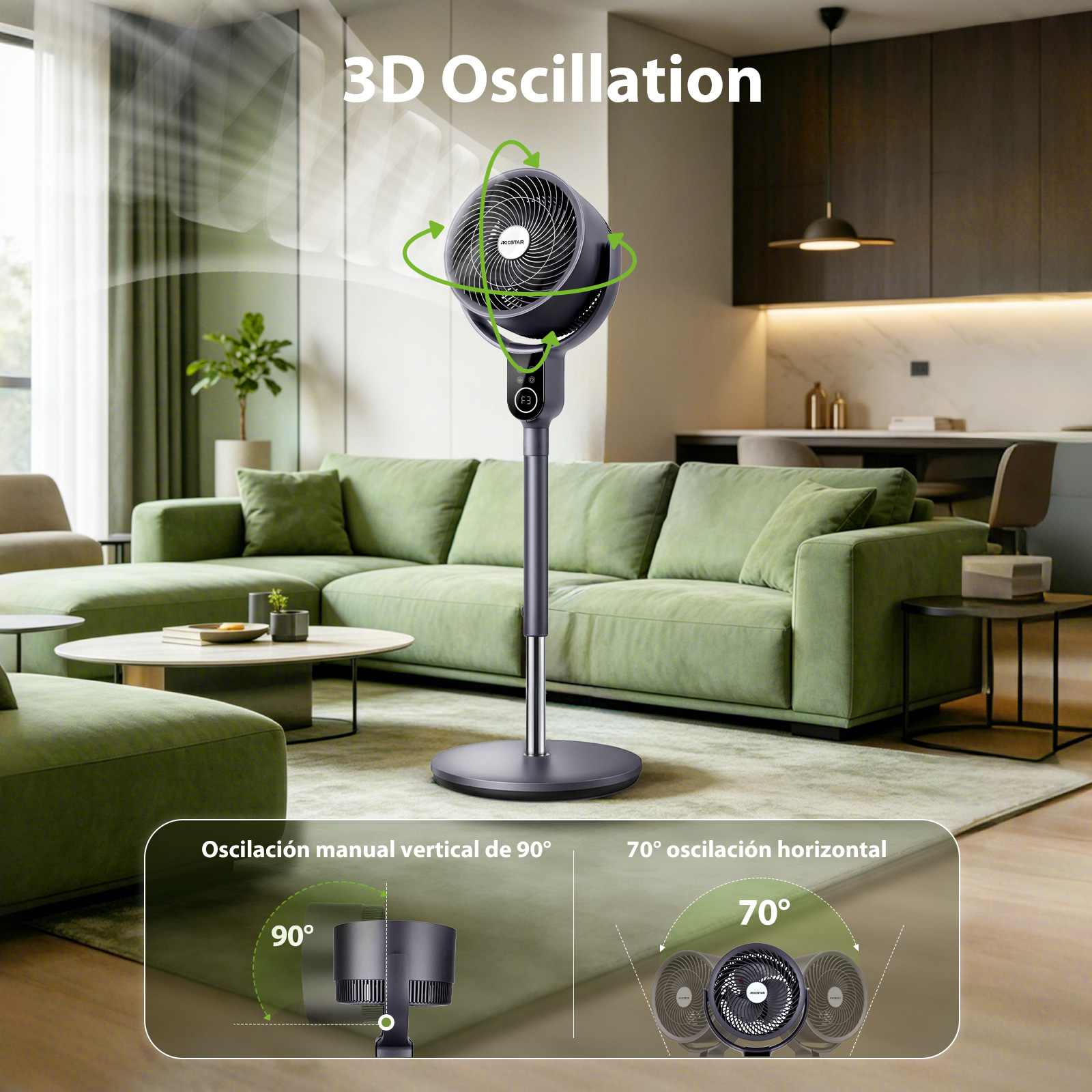Ein schwarzer Standventilator mit 3D-Oszillation steht in einem Wohnzimmer.