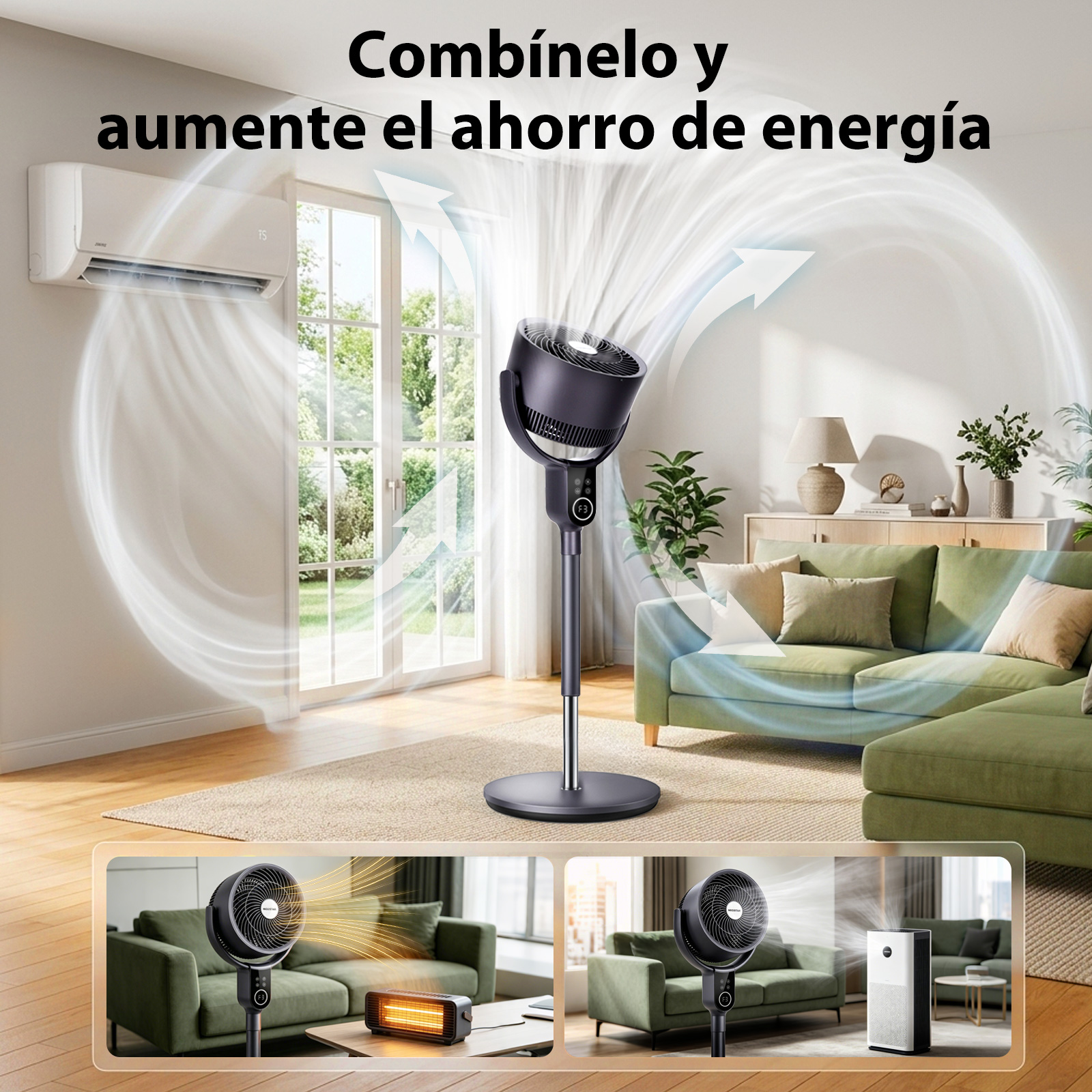 Ein Standventilator zirkuliert Luft in einem Wohnzimmer mit Klimaanlage und Sofas.