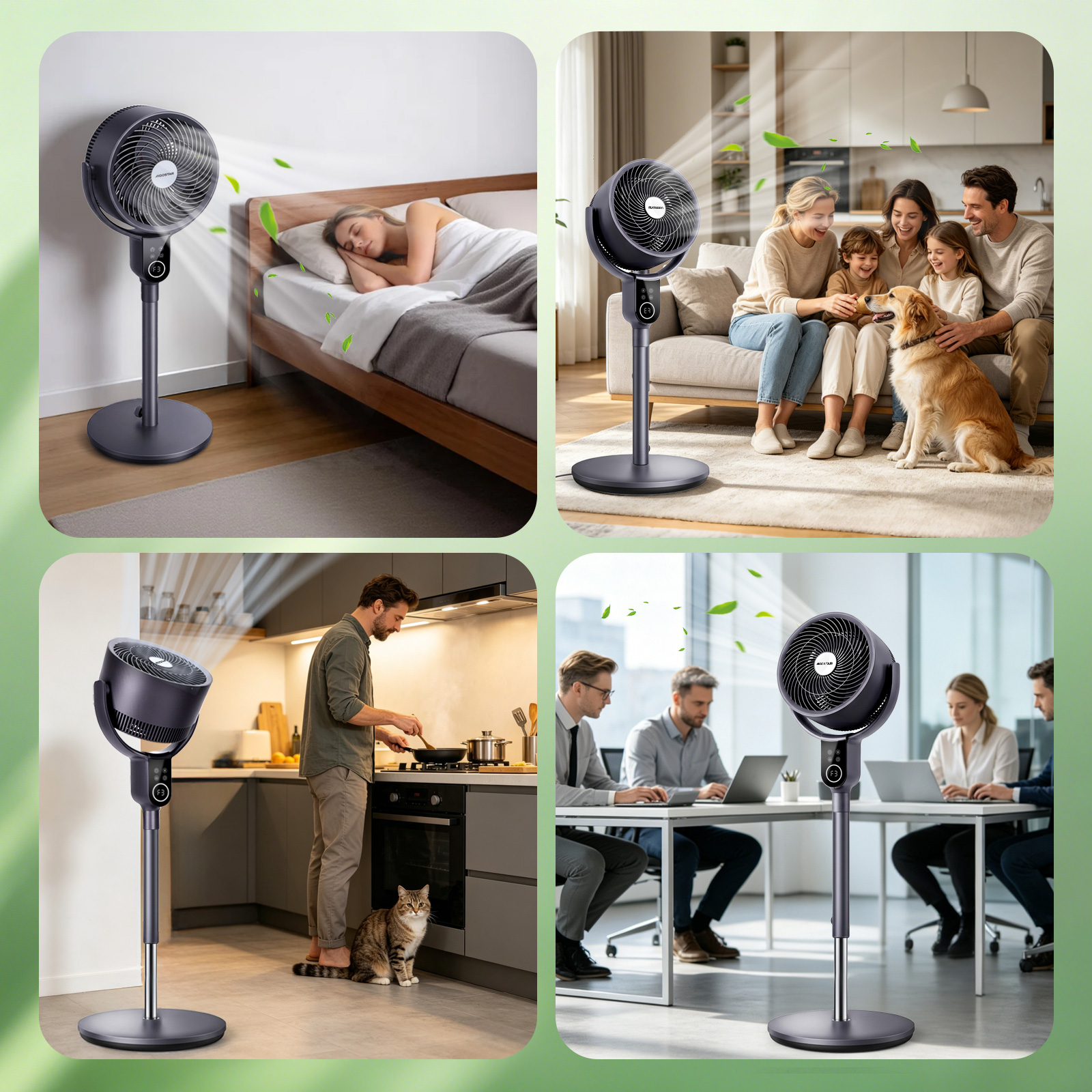 Ein Ventilator kühlt eine schlafende Frau im Schlafzimmer.