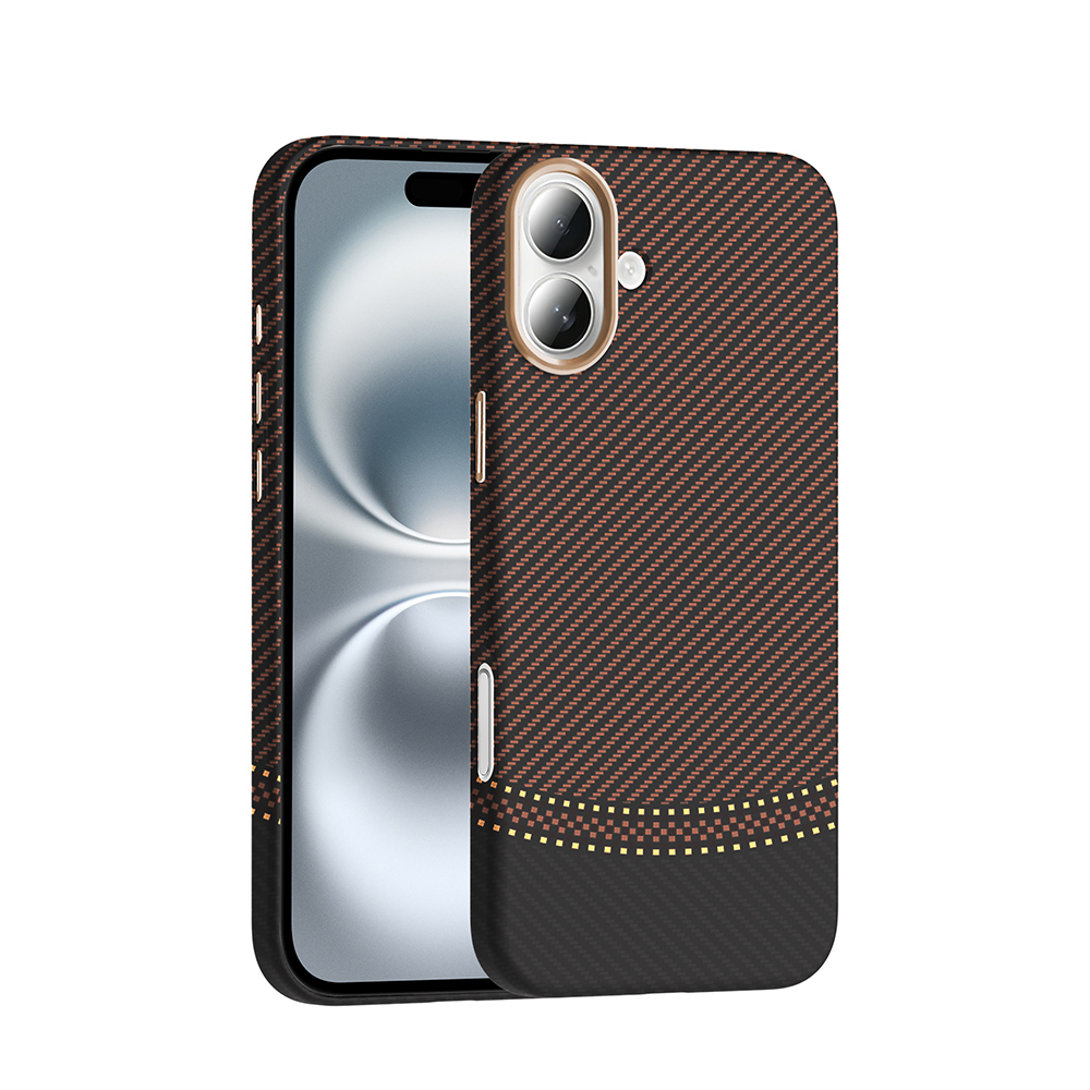 Siyah alt kısım üzerinde sarı bantlı kahverengi karbon fiber telefon kılıfı.