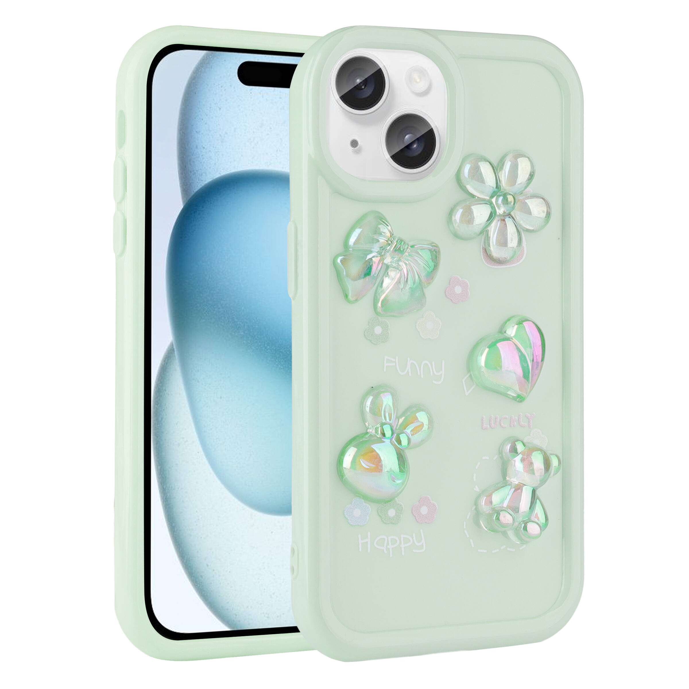 Sevimli 3D takılarla açık yeşil telefon kılıfı: çiçek, fiyonk, kalp, tavşan, ayı.