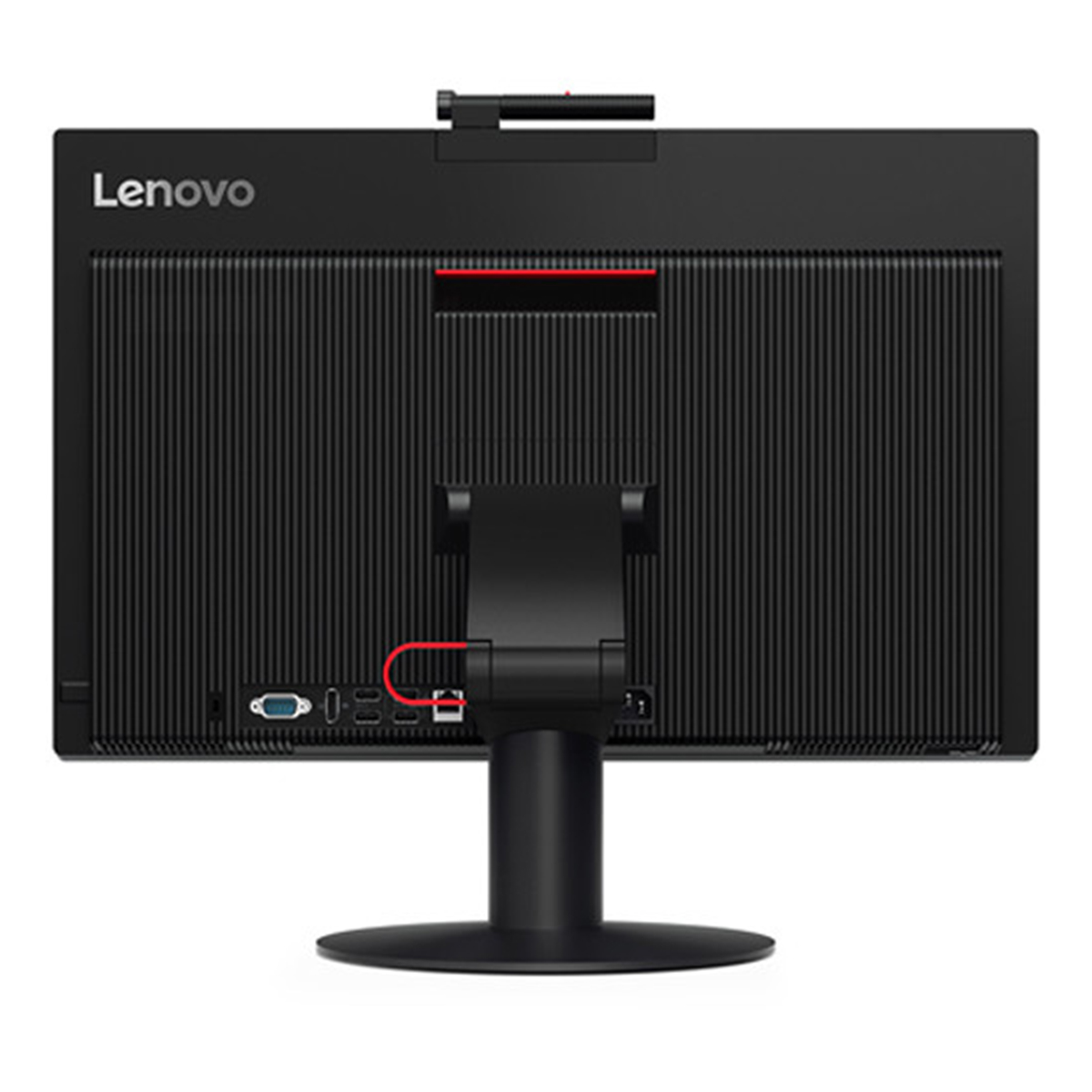 Widok z tyłu czarnego komputera Lenovo All-in-One pokazujący porty.