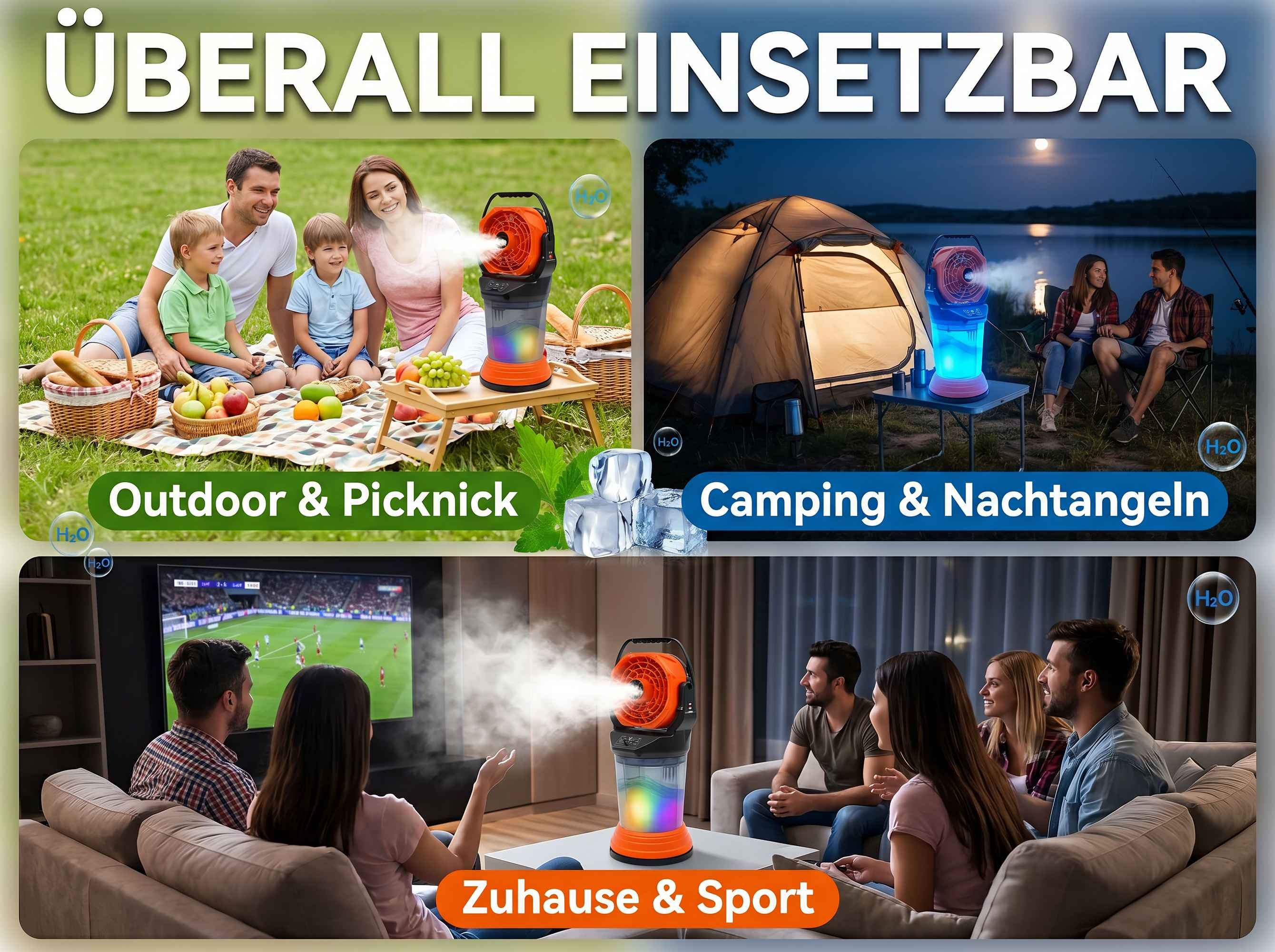 Drei Szenen: Familie beim Picknick, Leute beim Camping, Freunde schauen Fußball.