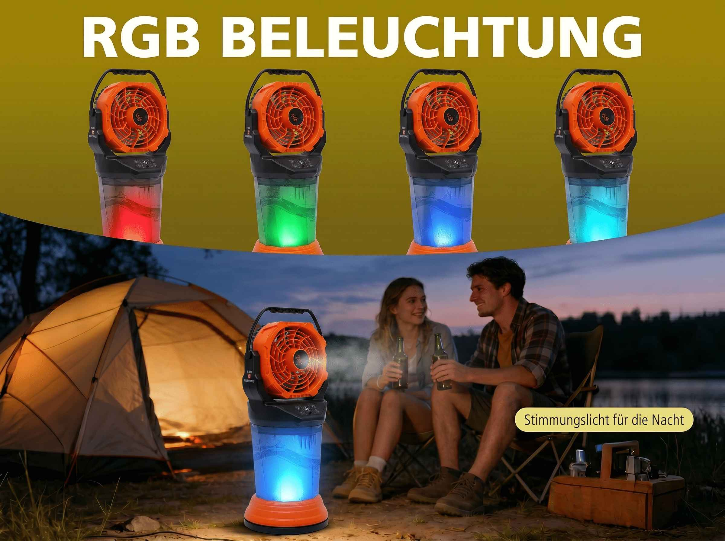 Ein orangefarbener Ventilator mit blauem Licht über einer leuchtenden Zeltkulisse.