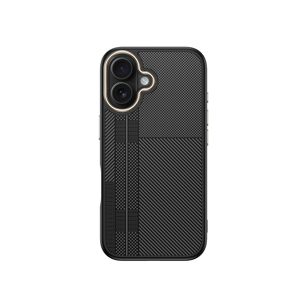 Karbon desenli siyah telefon kılıfı, üstte iki kamera lensi bulunur.
