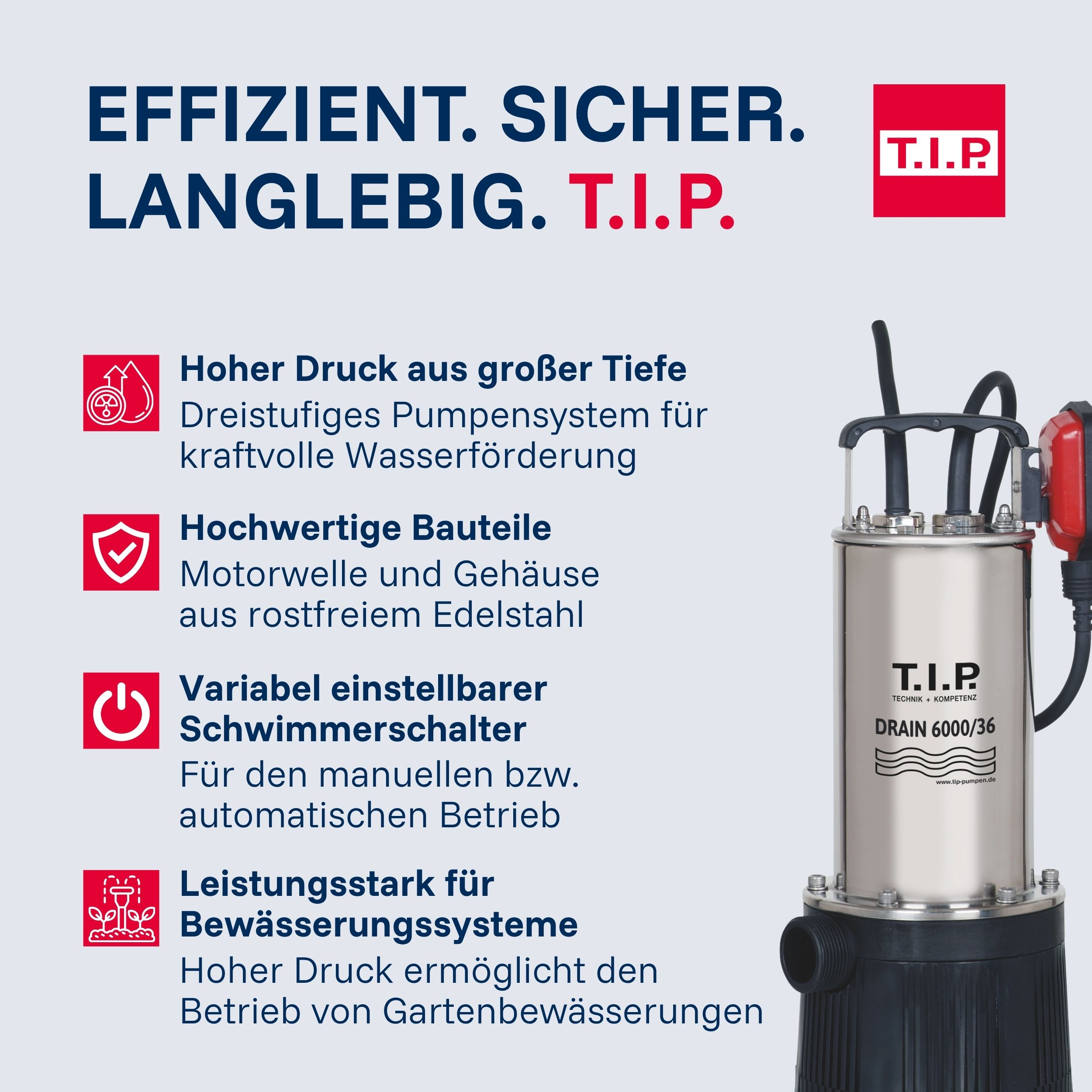 Eine Pumpe mit Text, der Effizienz, Sicherheit und Langlebigkeit hervorhebt.