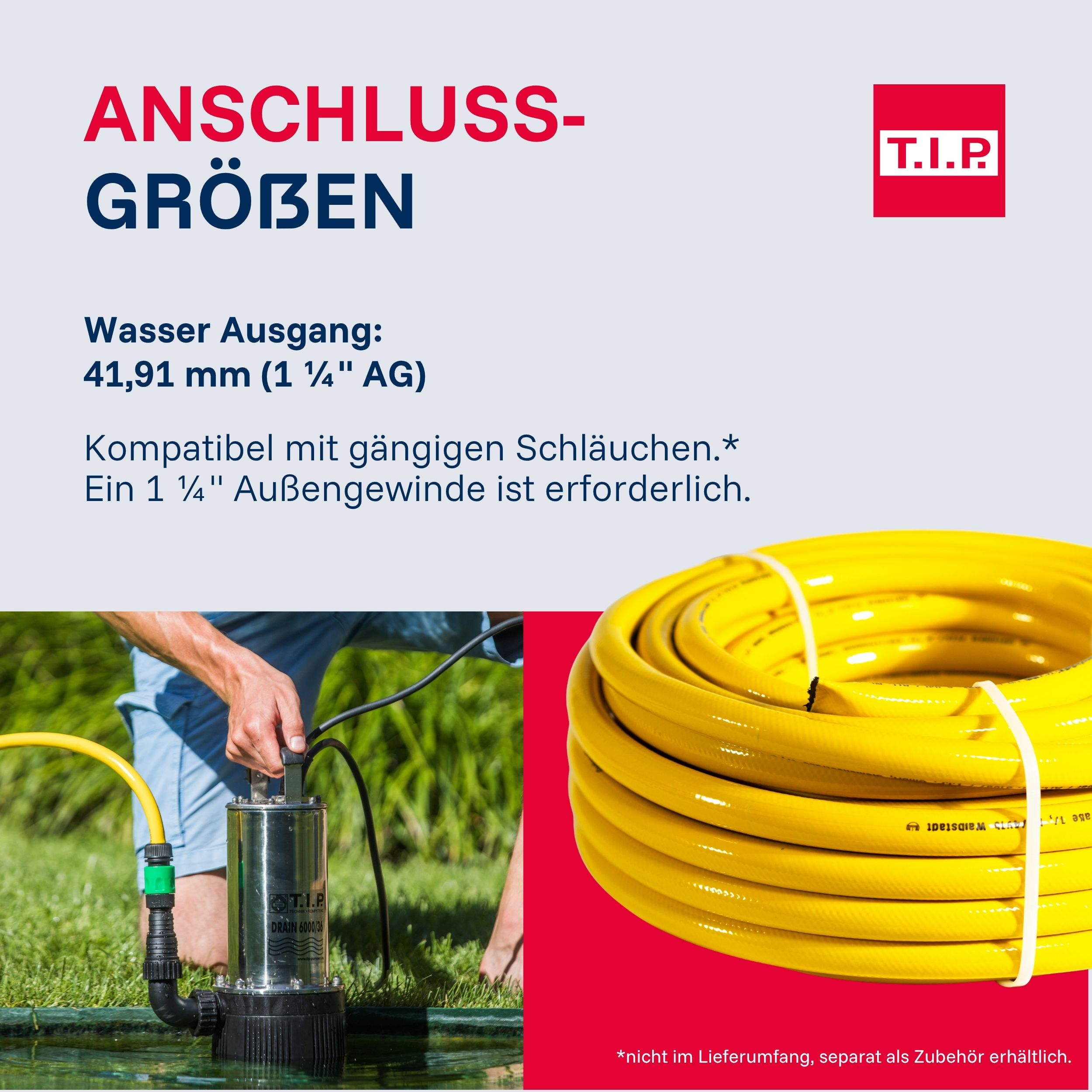 Bild mit Text über Anschlüsse, Pumpe in Wasser und gelben Schlauch.