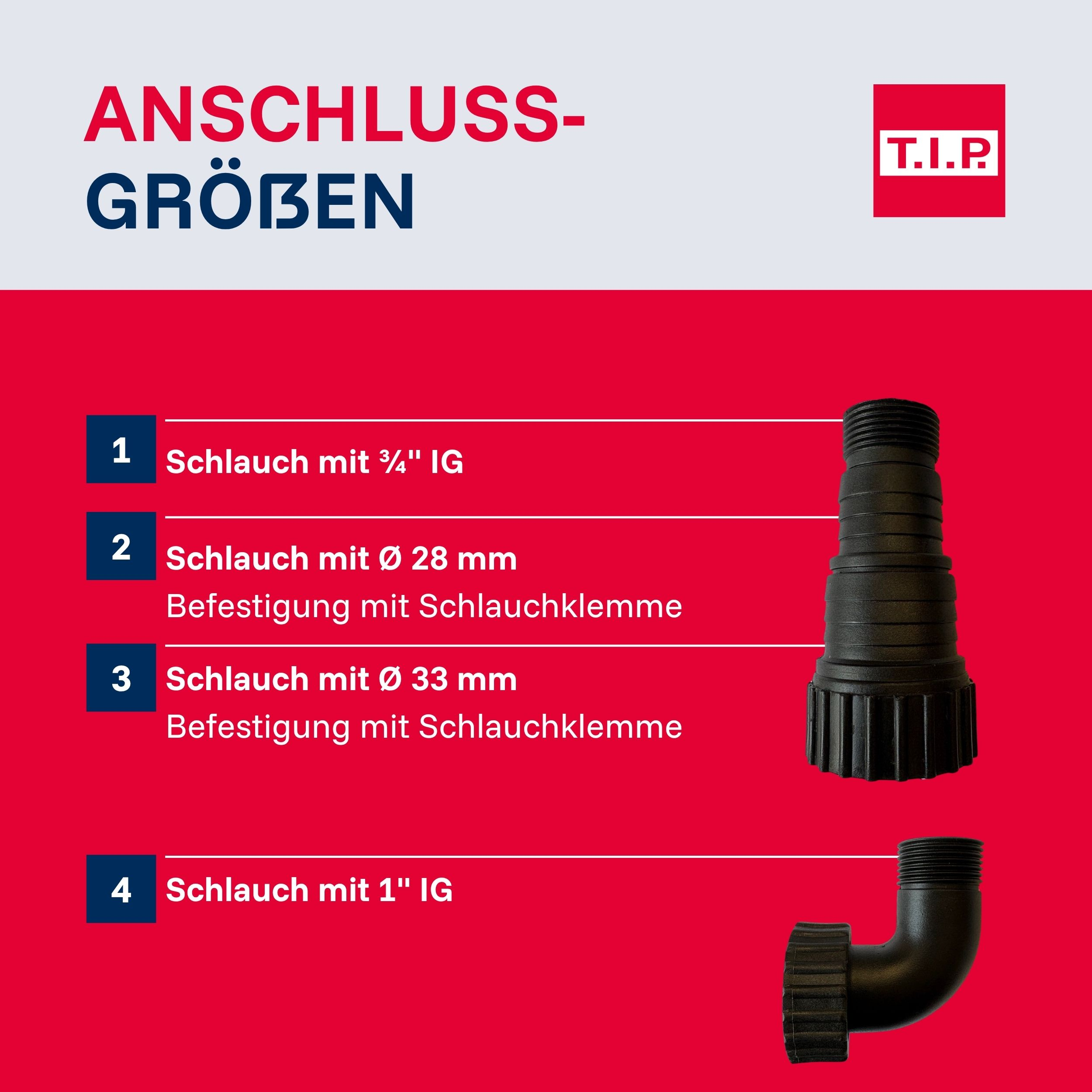 T.I.P. Anschlussgrößen: Schlauch mit 3/4" IG, 28mm, 33mm, 1" IG.