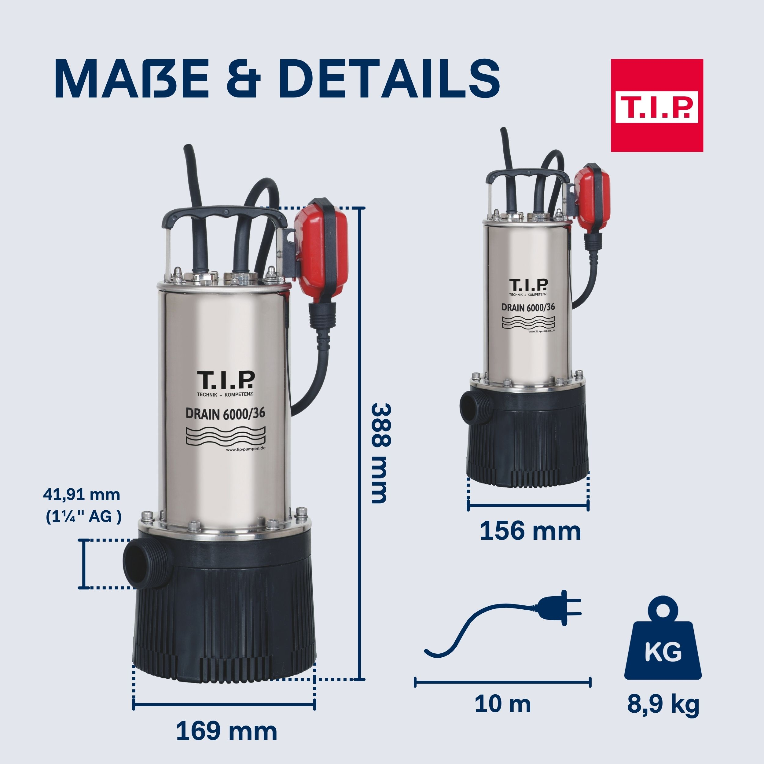 Zwei Tauchpumpen, Maße und Details. Eine größere und eine kleinere.