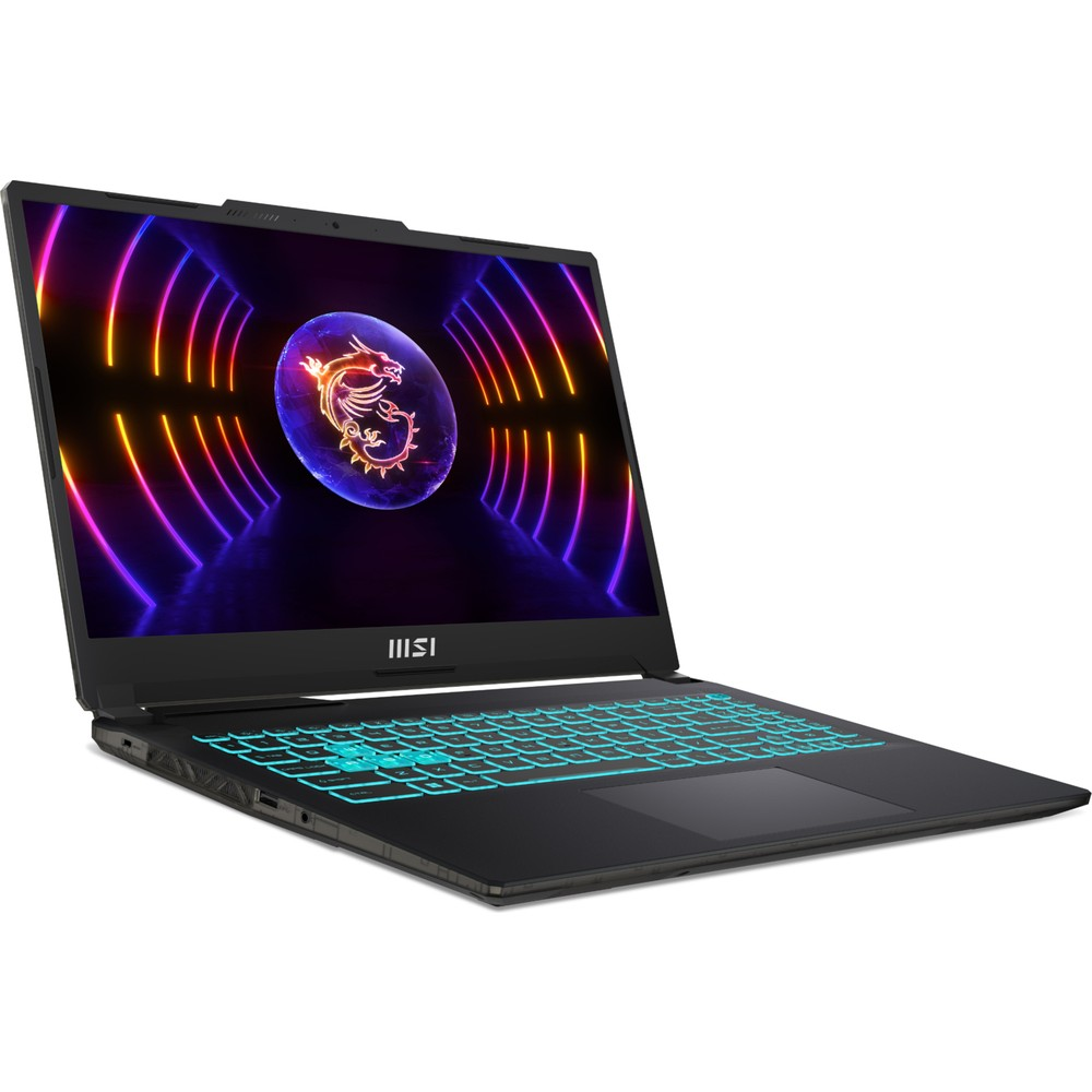 Parlak mavi klavyeli ve ekranda MSI ejderha logolu siyah dizüstü bilgisayar.