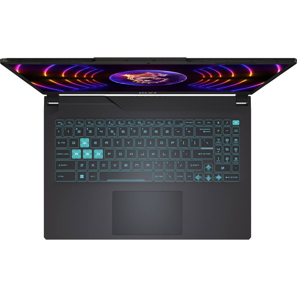 Klavyesi aydınlatmalı ve ekranı renkli açık bir MSI oyun dizüstü bilgisayarının üstten görünümü.