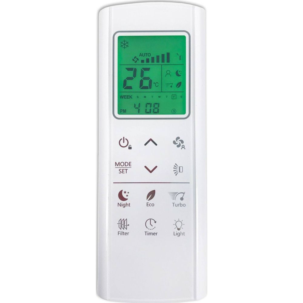 Telecomando bianco con schermo LCD verde che mostra 26 gradi Celsius e le 16:08.