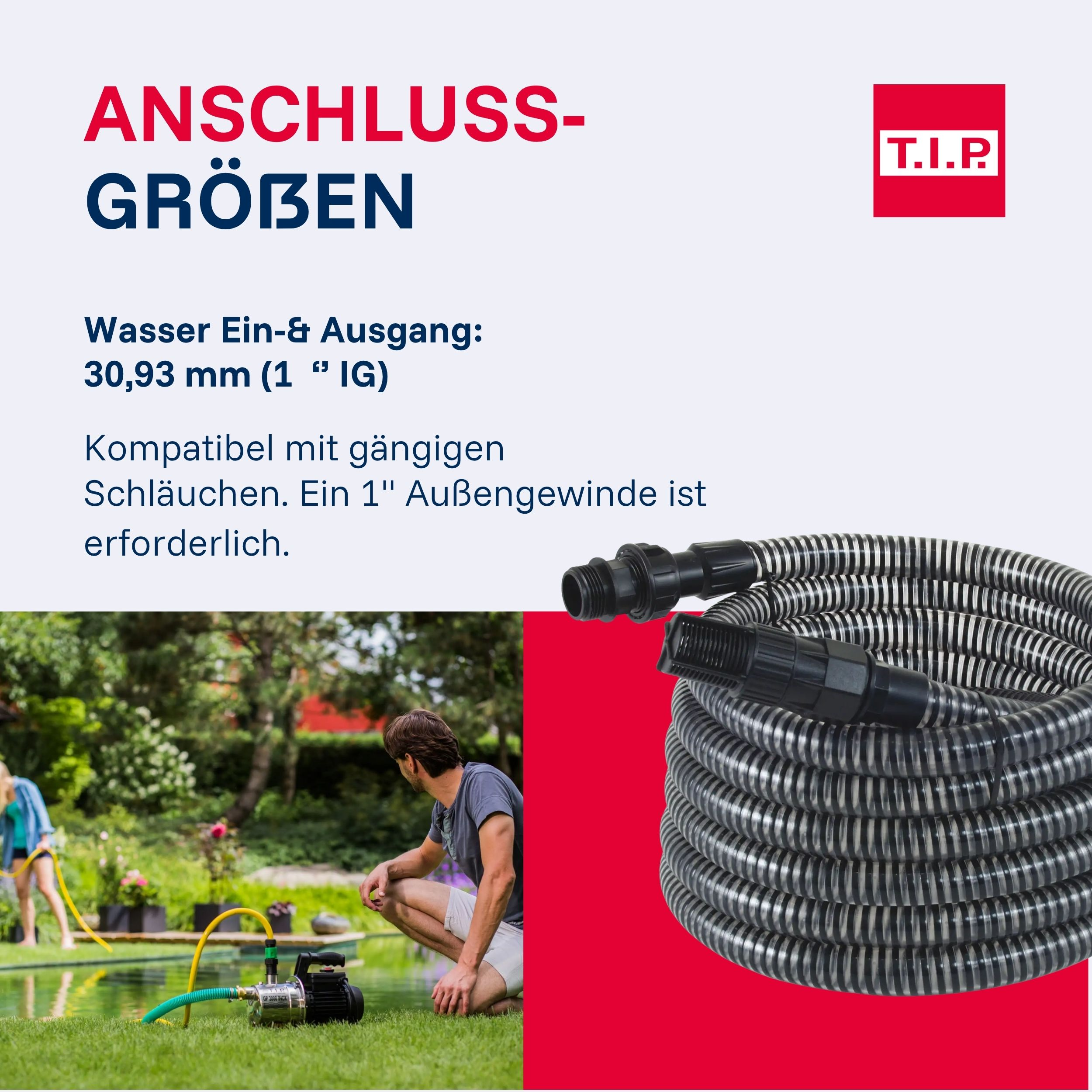 Gartenschlauch-Anschluss mit Pumpe und Mann im Garten.
