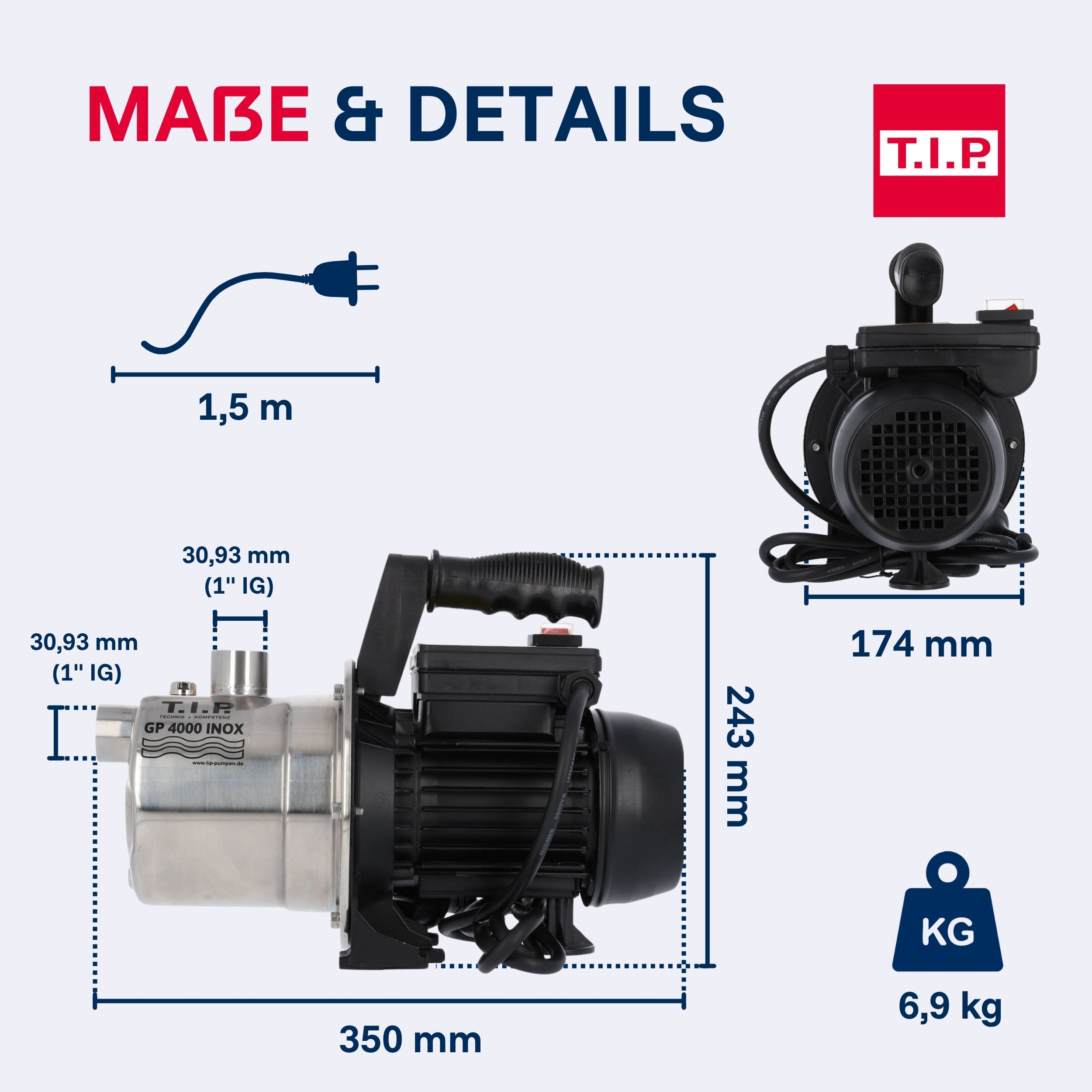 Schwarze Pumpe mit silbernem Gehäuse, 350mm lang, mit Maßen und Gewicht.