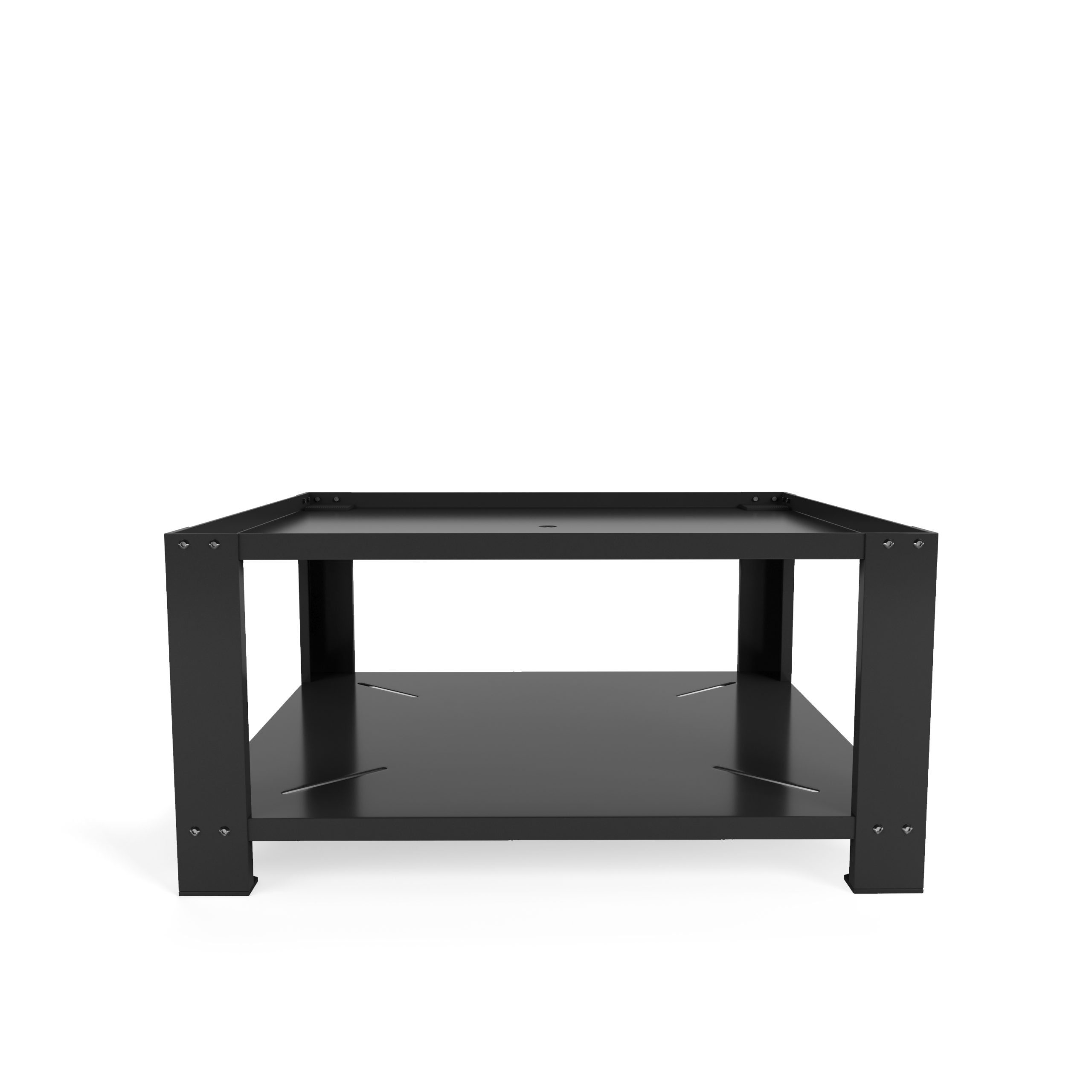 Ein schwarzes Regal mit zwei Ebenen steht auf weißem Hintergrund.