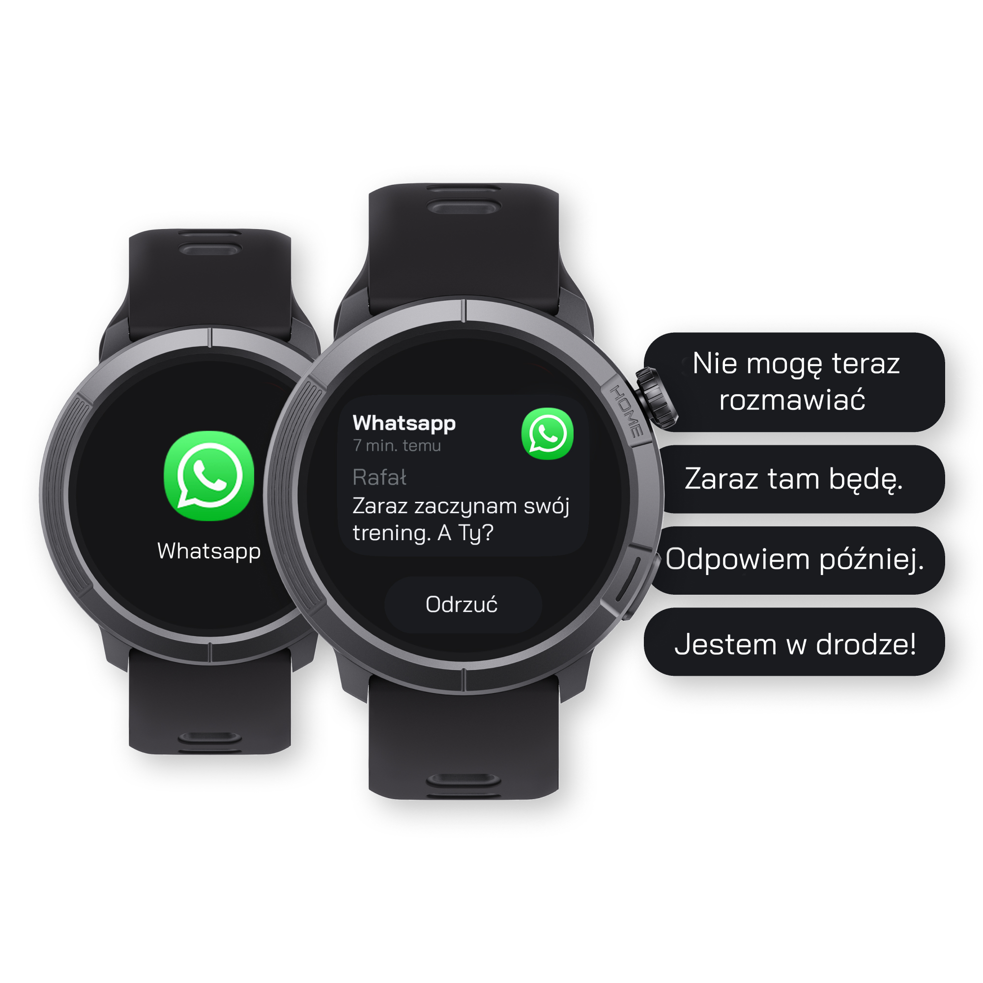 Dwa smartwatche pokazujące wiadomości WhatsApp i opcje odpowiedzi.