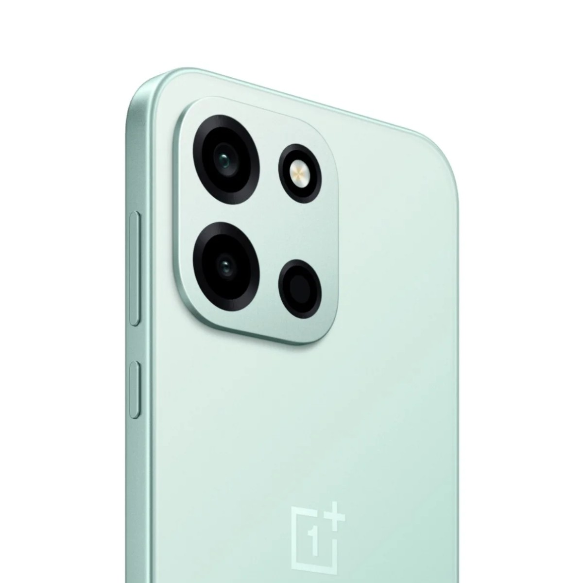 Un smartphone verde claro con cuádruple cámara se muestra sobre fondo blanco.