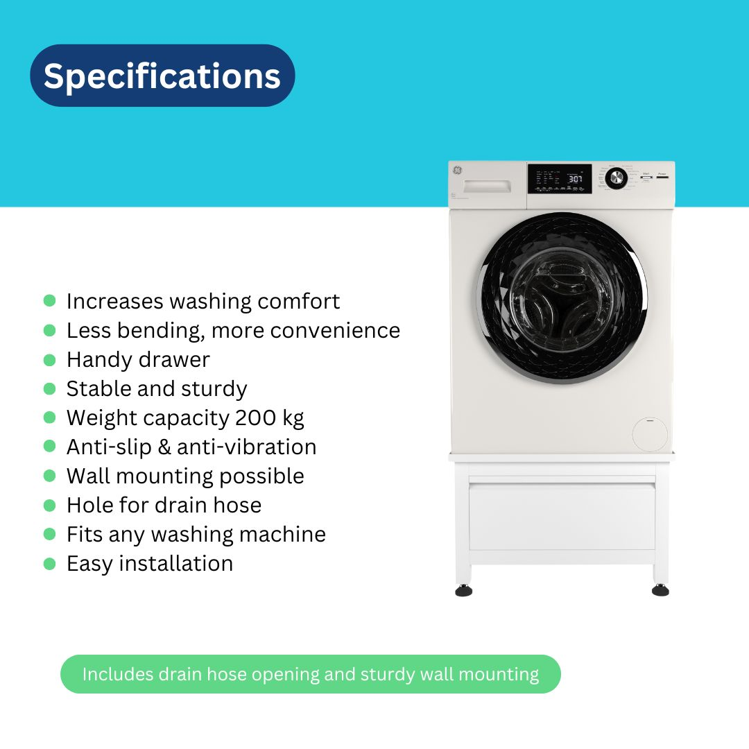 Witte wasmachine op standaard, met specificatielijst. Kenmerken: lade, stabiliteit, 200 kg capaciteit.