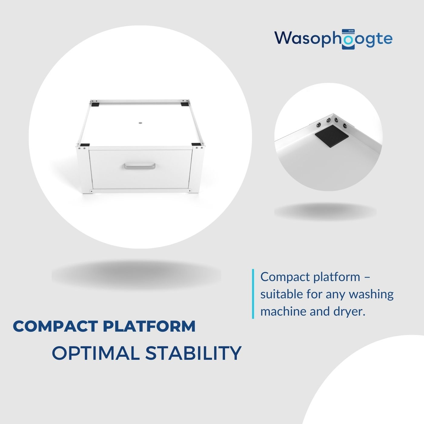 White washing machine platform with a drawer and rubber corner feet.