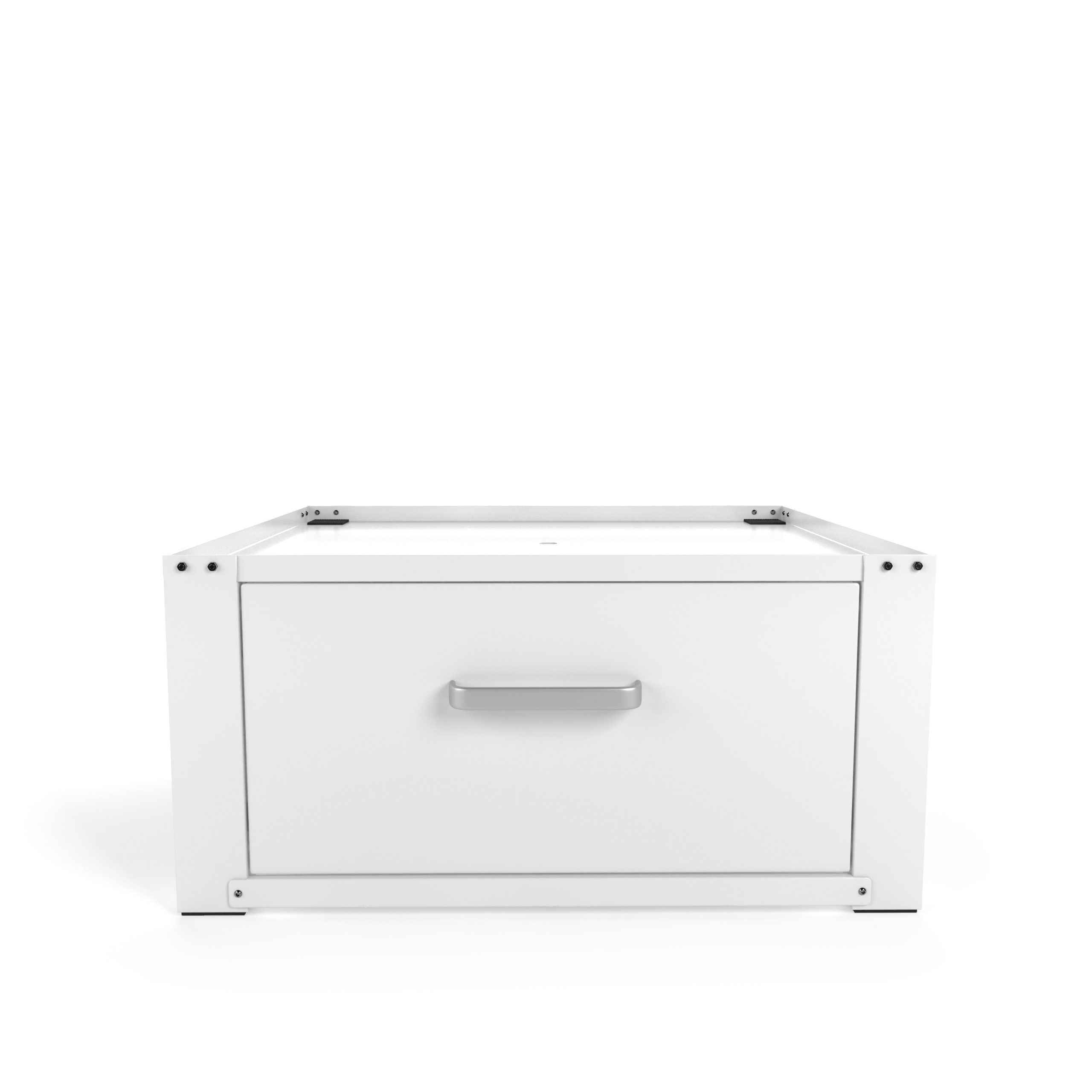 A white cabinet with one drawer and a silver handle on a white background.