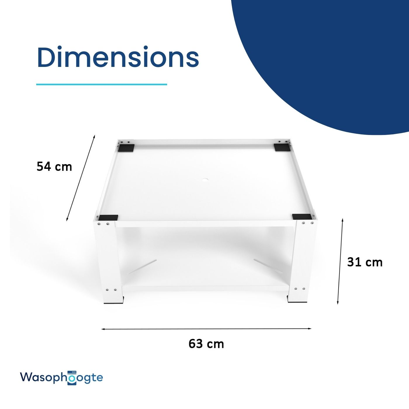 Weißer quadratischer Ständer Maße: 54 cm Breite, 31 cm Höhe, 63 cm Länge.