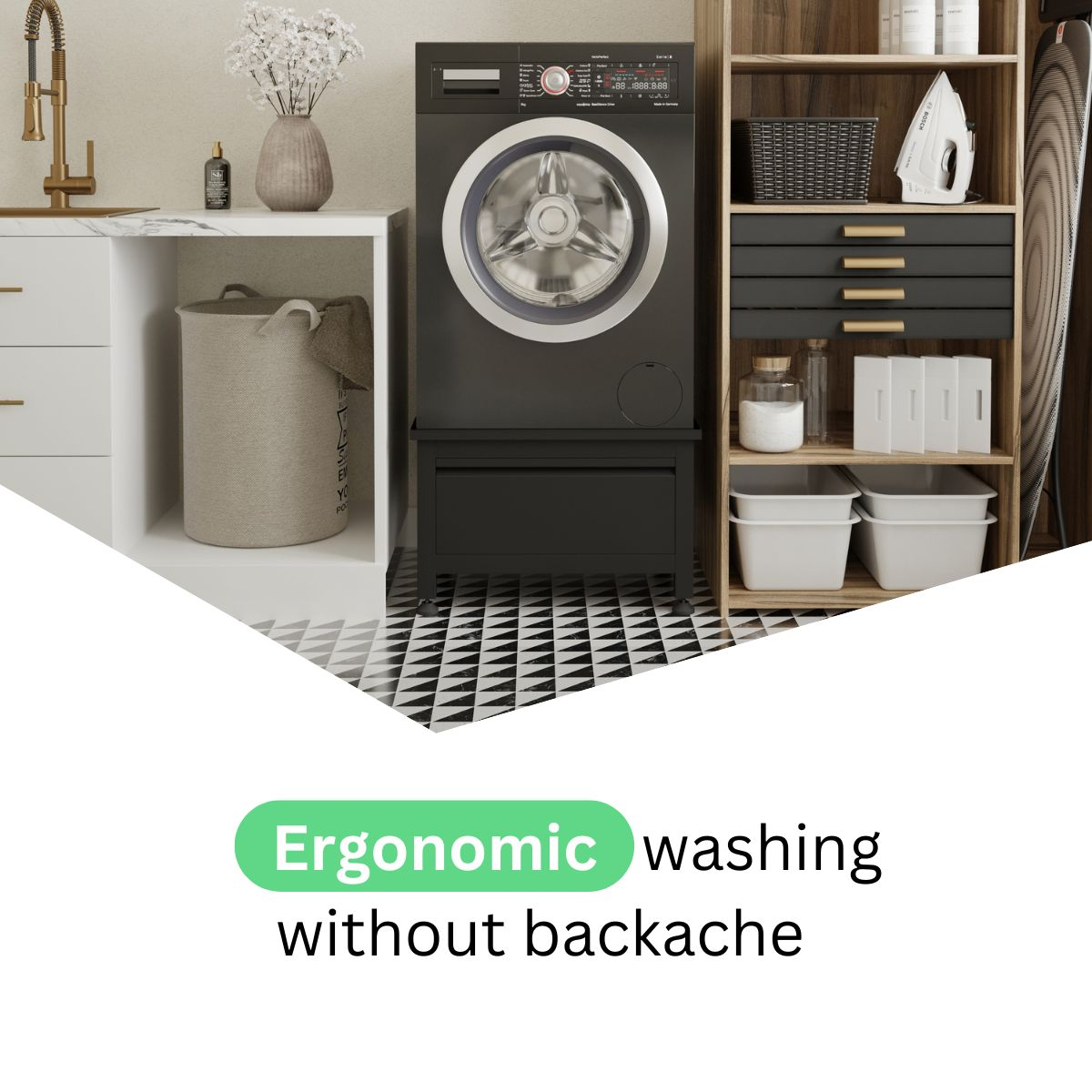 Waschküche mit Waschmaschine, Wäschekorb, Bügeleisen und Aufbewahrung.
