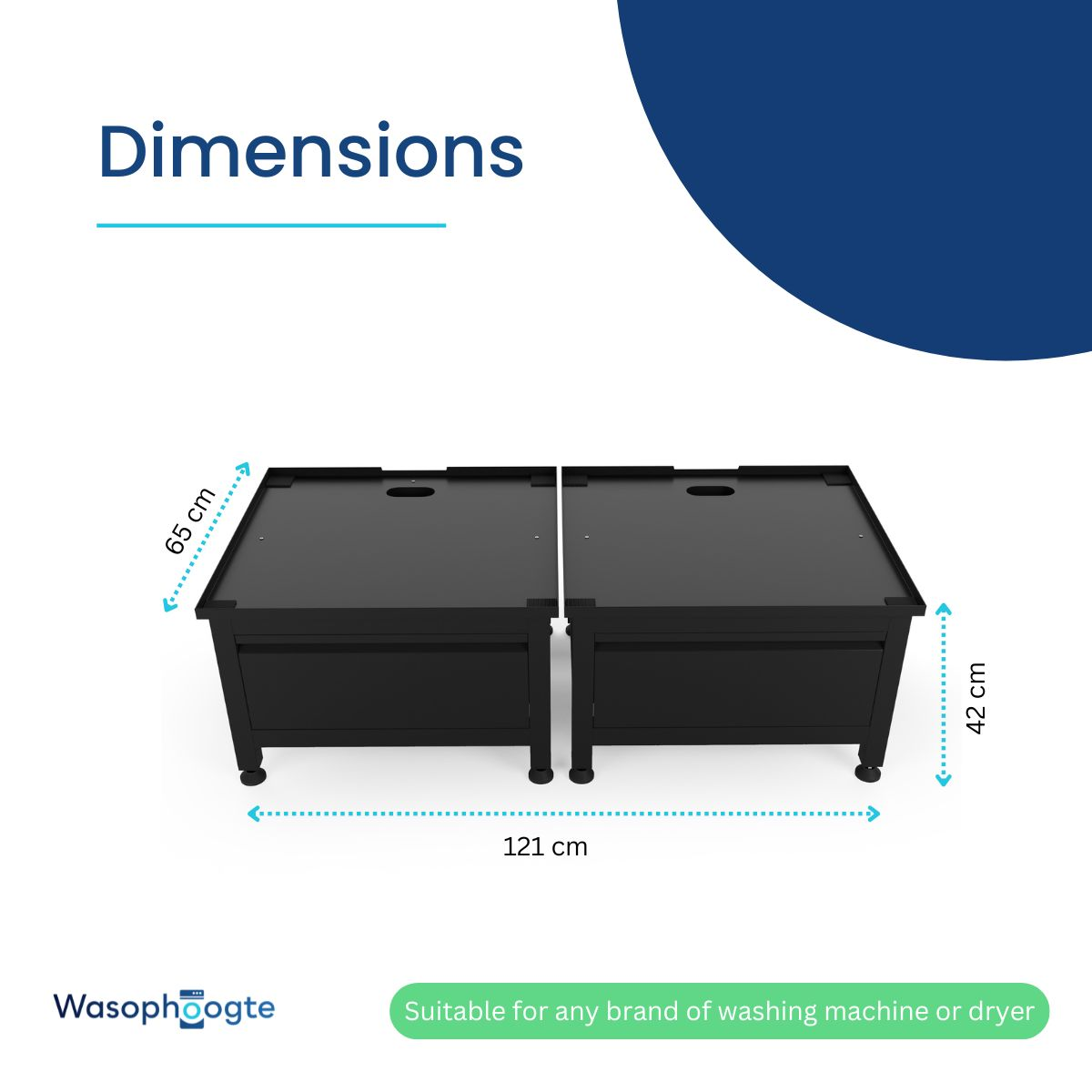Two black washing machine stands, 121cm wide, 65cm high, 42cm deep.
